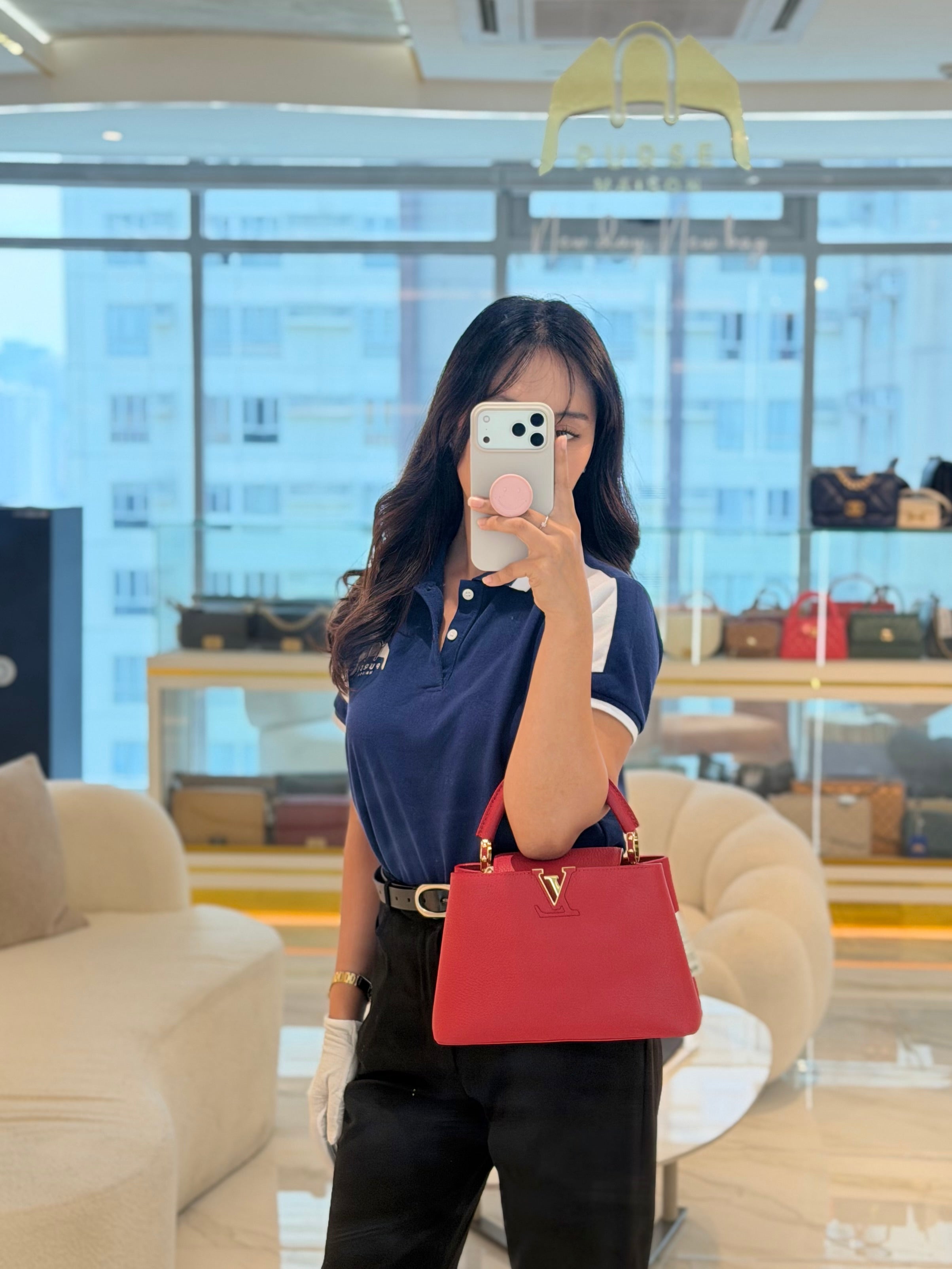 Capuccines BB in Red Taurillion Leather Two-Way Bag (Microchip) | Purse Maison Luxury Bags Shop