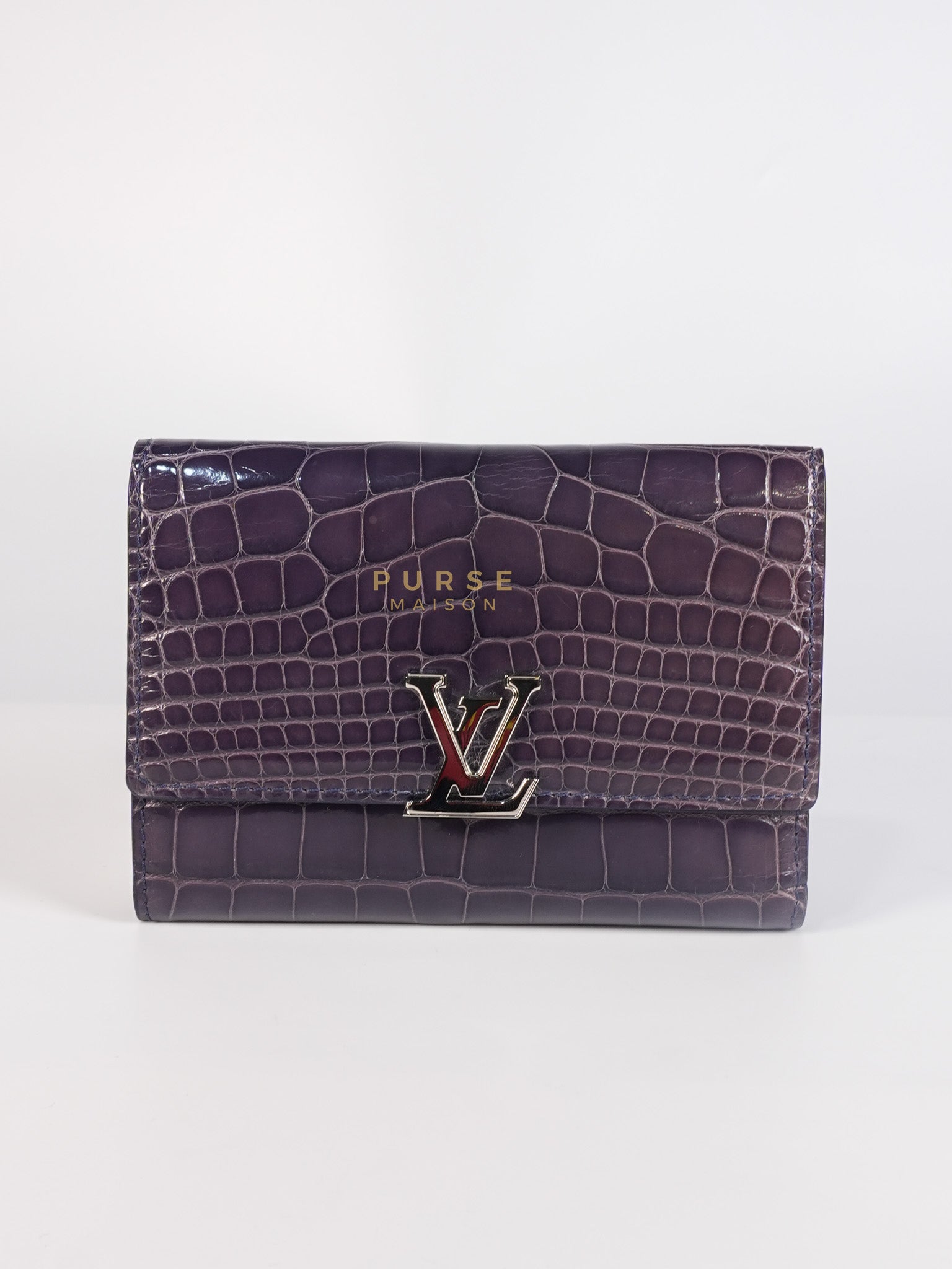Capuccines in Violet Crocodile Leather Compact Wallet | Purse Maison Luxury Bags Shop