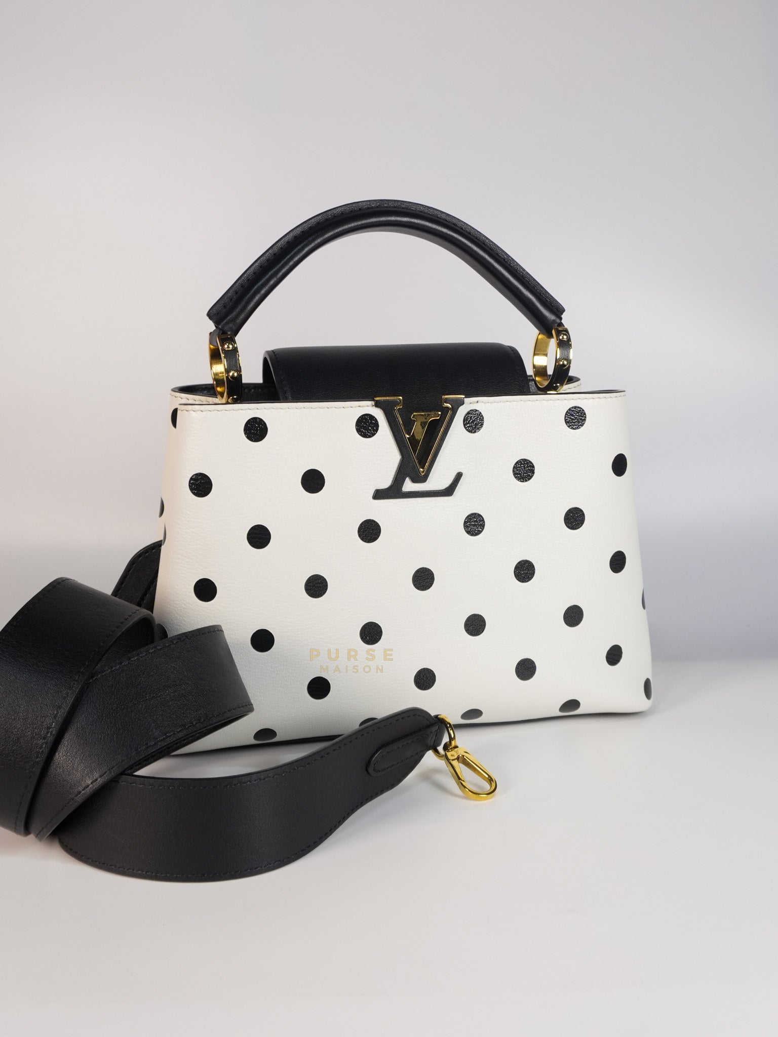 Capucines BB Hand Bag in Black & White Polka Dots Printed Leather (Microchip) | Purse Maison Luxury Bags Shop