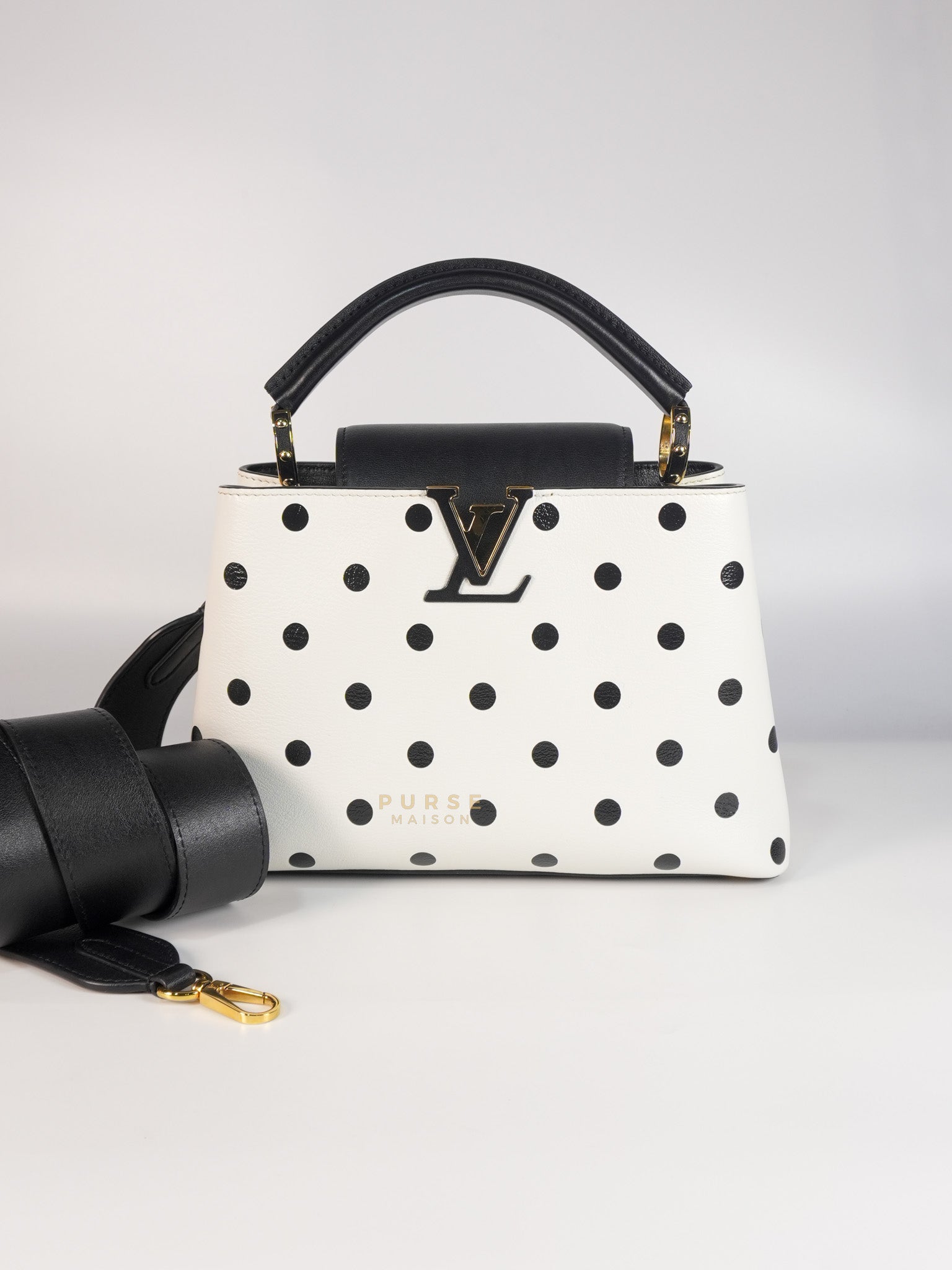 Capucines BB Hand Bag in Black & White Polka Dots Printed Leather (Microchip) | Purse Maison Luxury Bags Shop