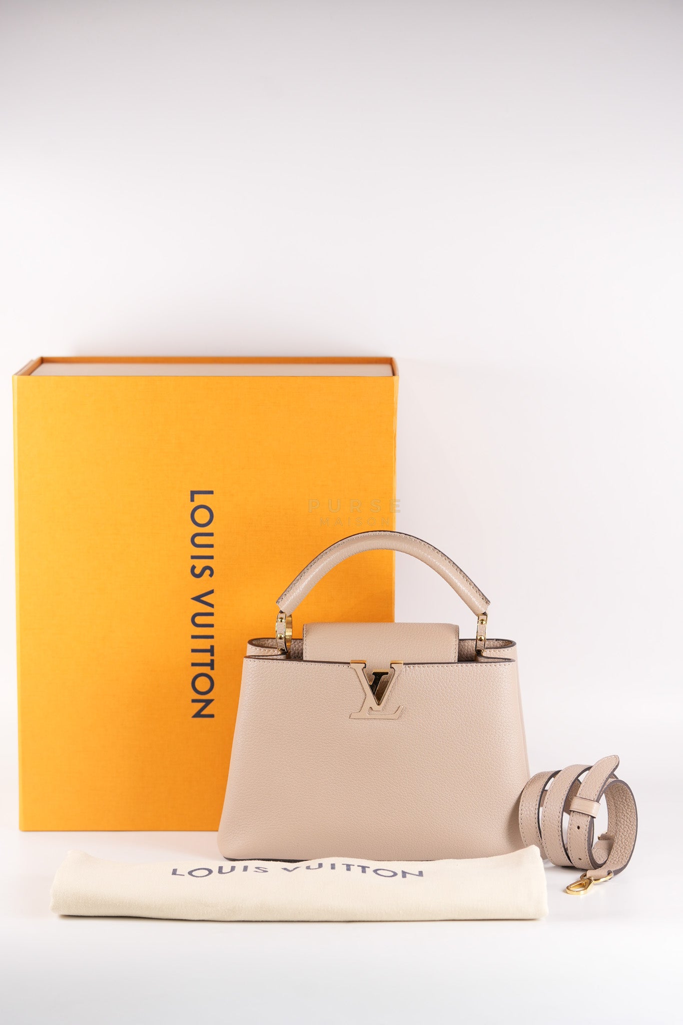Capucines BB in Galet Taurillon Calfskin Leather (Microchip) | Purse Maison Luxury Bags Shop