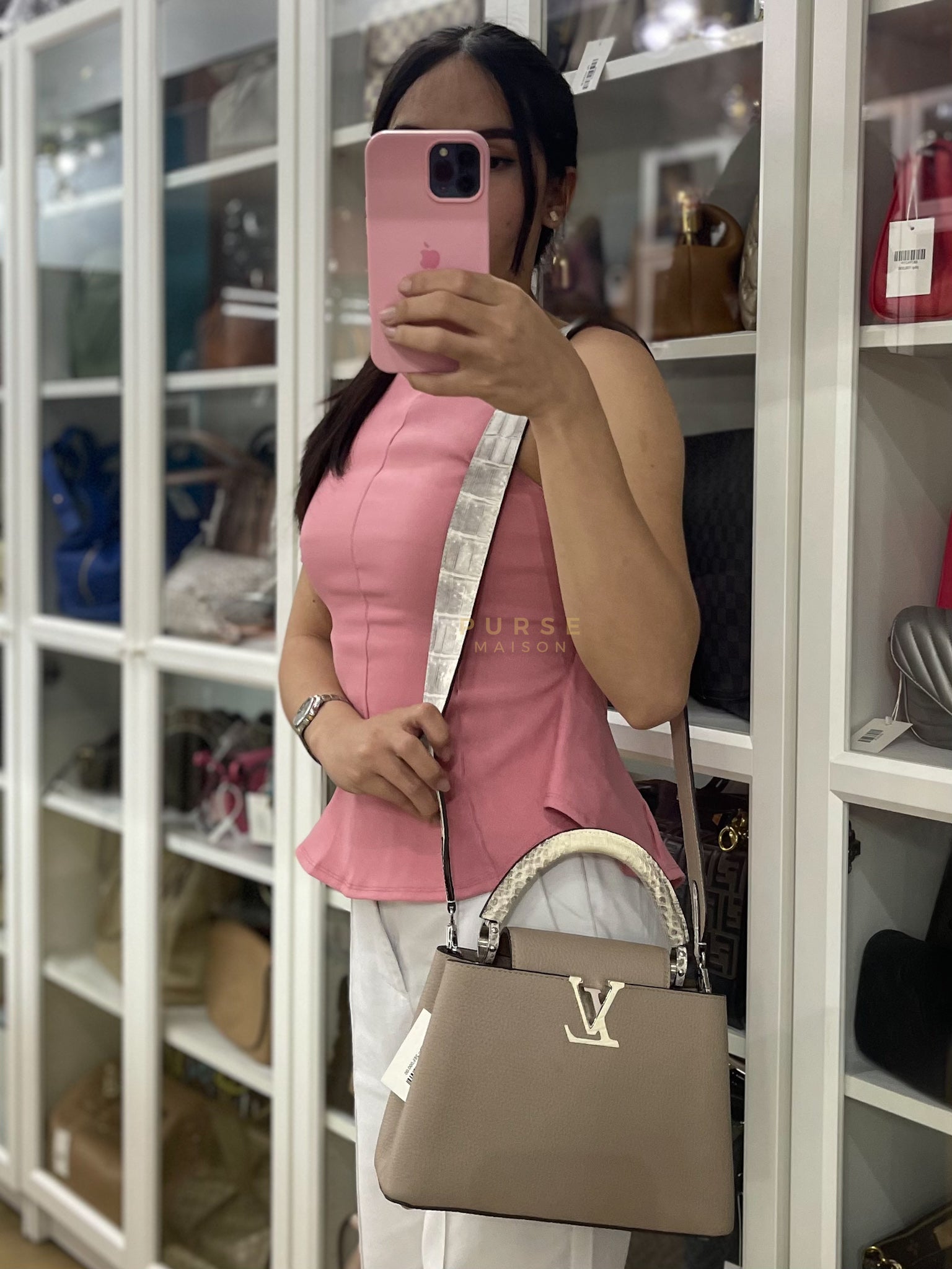 Capucines BB in Galet/Himalayan Top Handle Taurillon Leather | Purse Maison Luxury Bags Shop