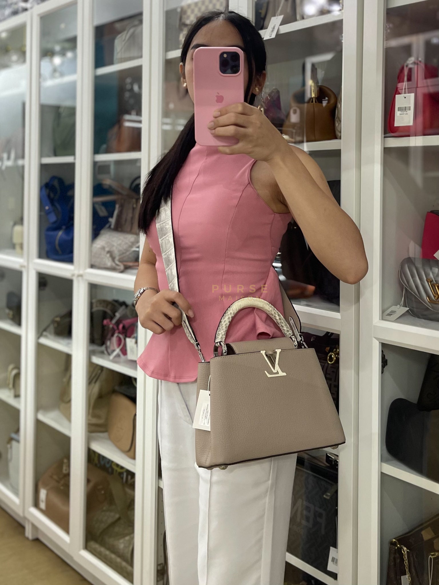 Capucines BB in Galet/Himalayan Top Handle Taurillon Leather | Purse Maison Luxury Bags Shop