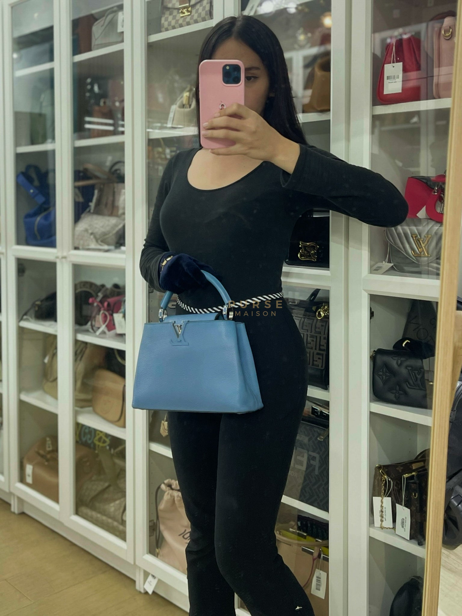 Capucines BB in Light Blue Taurillon Leather Silver Hardware | Purse Maison Luxury Bags Shop