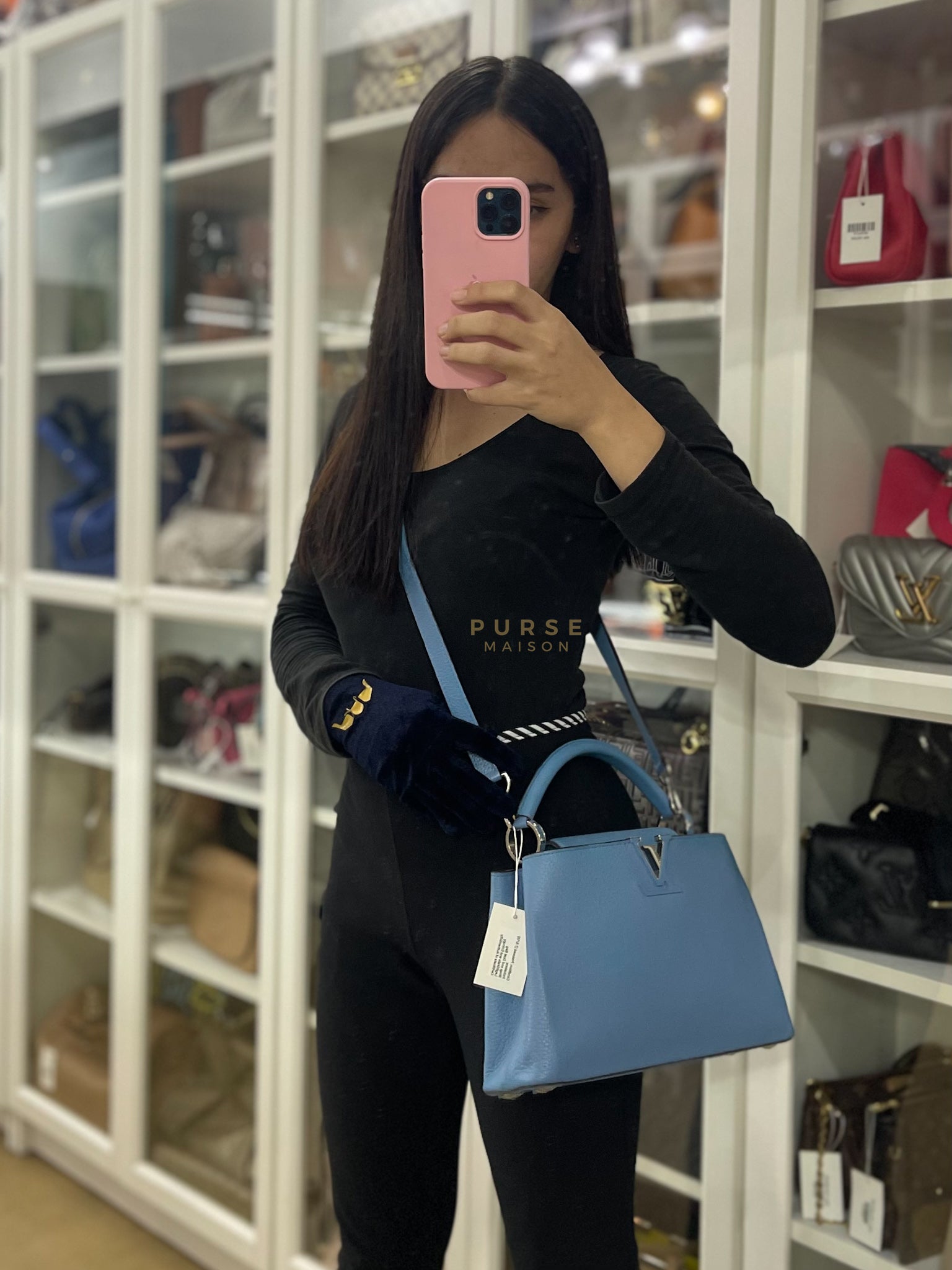 Capucines BB in Light Blue Taurillon Leather Silver Hardware | Purse Maison Luxury Bags Shop