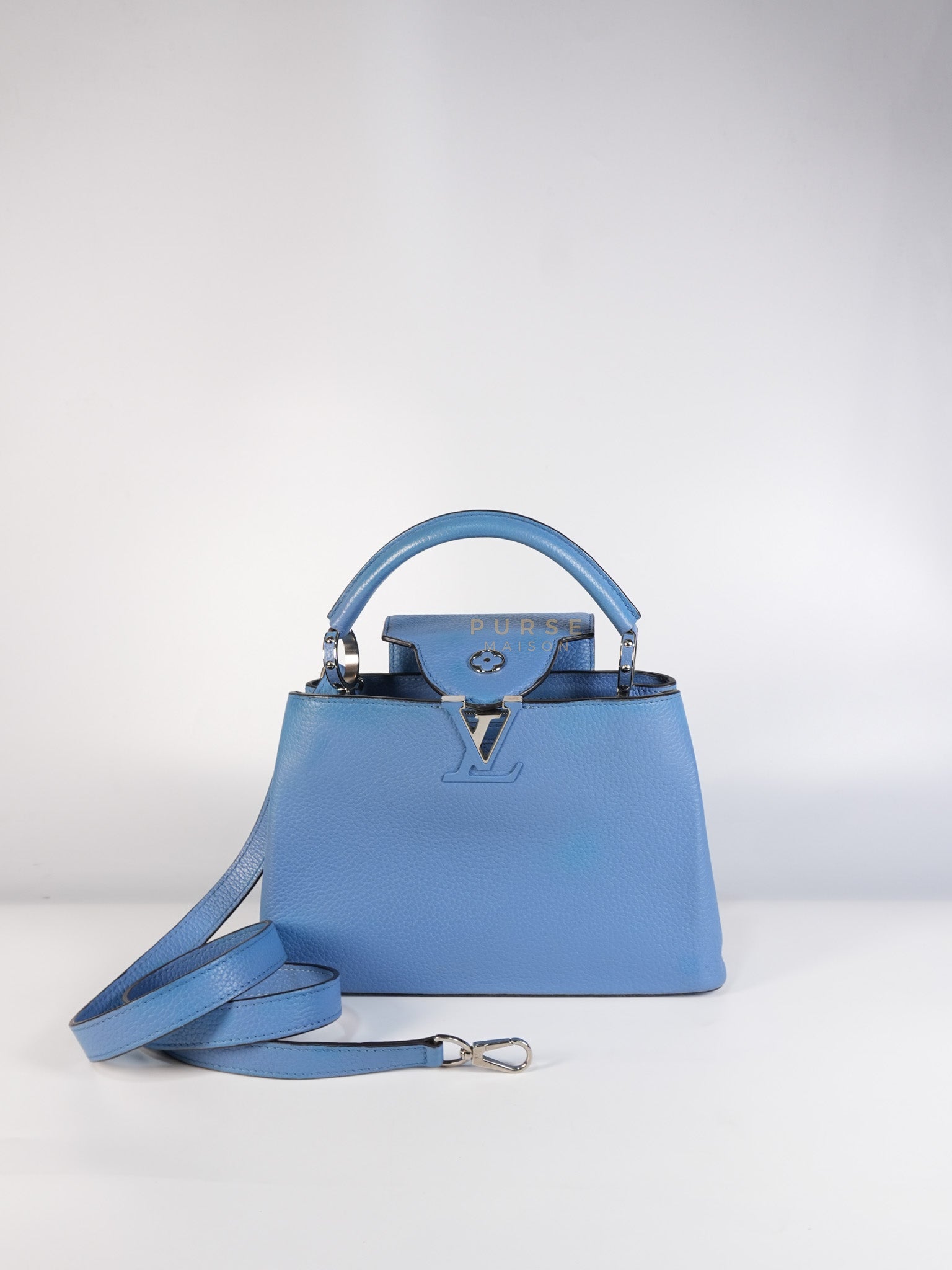 Capucines BB in Light Blue Taurillon Leather Silver Hardware | Purse Maison Luxury Bags Shop