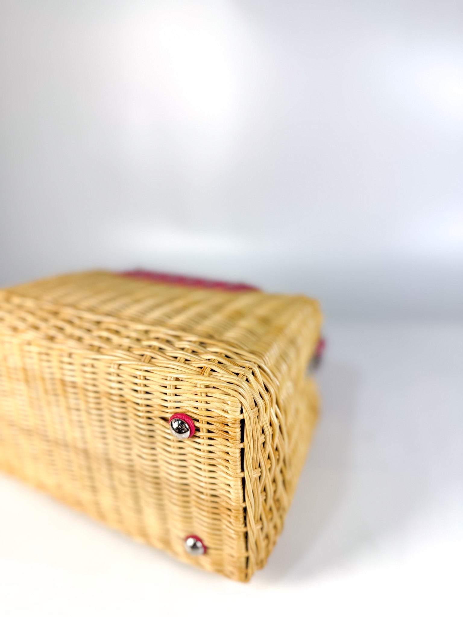 Capucines BB in Wicker Canvas and Pink Taurillon Calfskin Leather (Microchip) | Purse Maison Luxury Bags Shop