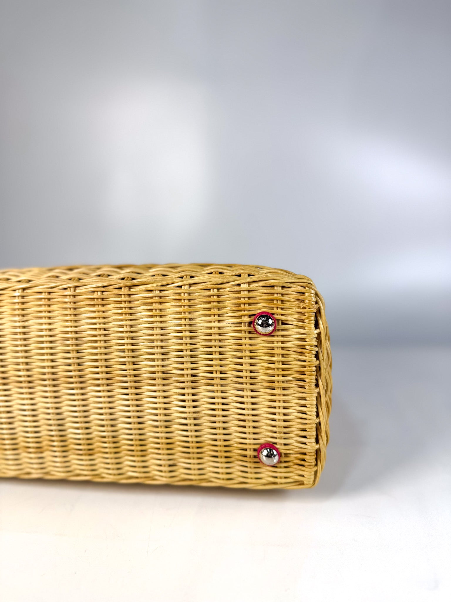 Capucines BB in Wicker Canvas and Pink Taurillon Calfskin Leather (Microchip) | Purse Maison Luxury Bags Shop