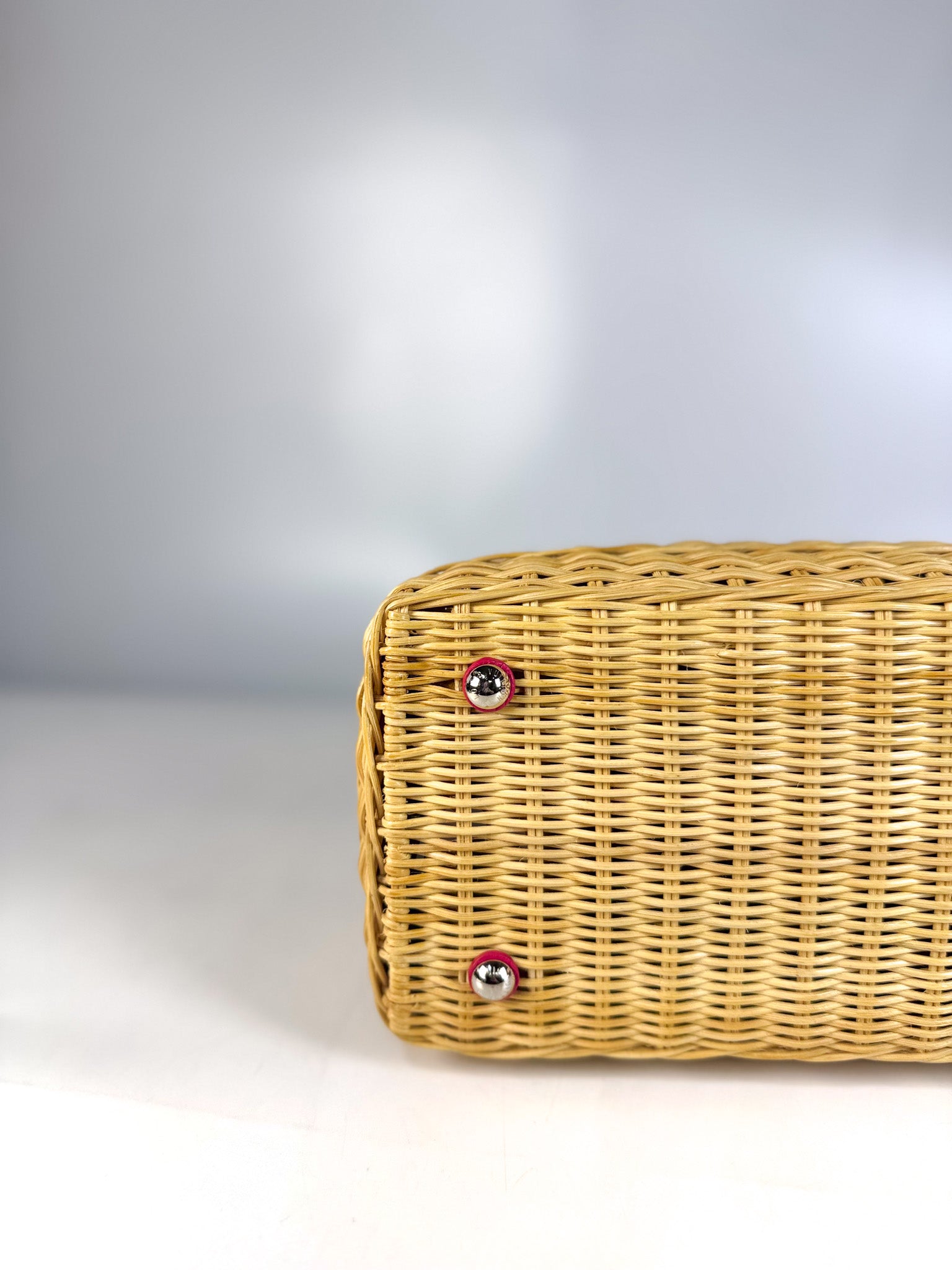 Capucines BB in Wicker Canvas and Pink Taurillon Calfskin Leather (Microchip) | Purse Maison Luxury Bags Shop