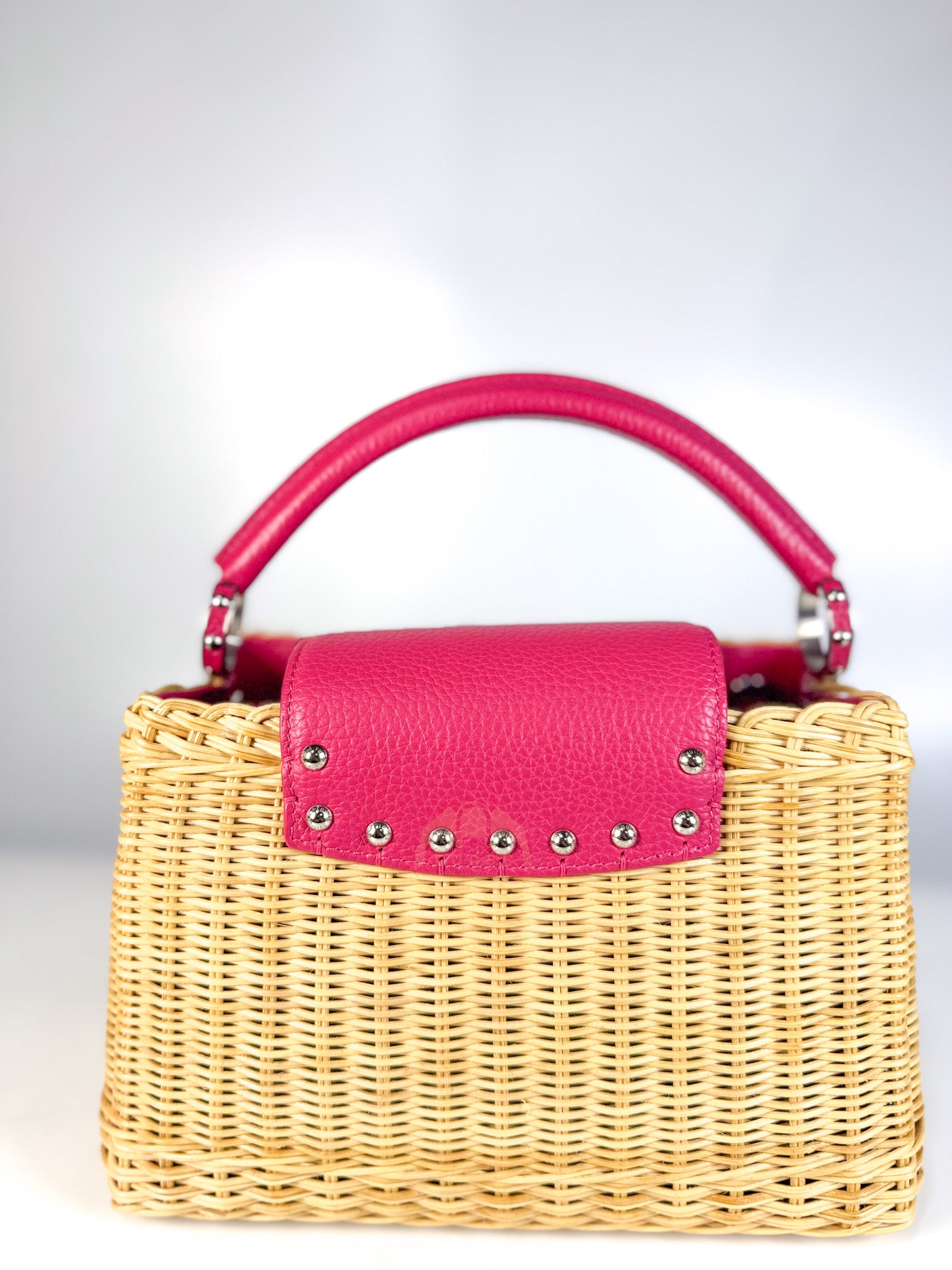Capucines BB in Wicker Canvas and Pink Taurillon Calfskin Leather (Microchip) | Purse Maison Luxury Bags Shop