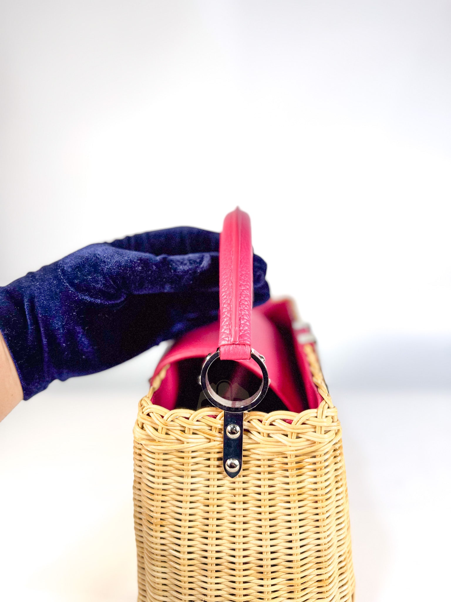 Capucines BB in Wicker Canvas and Pink Taurillon Calfskin Leather (Microchip) | Purse Maison Luxury Bags Shop