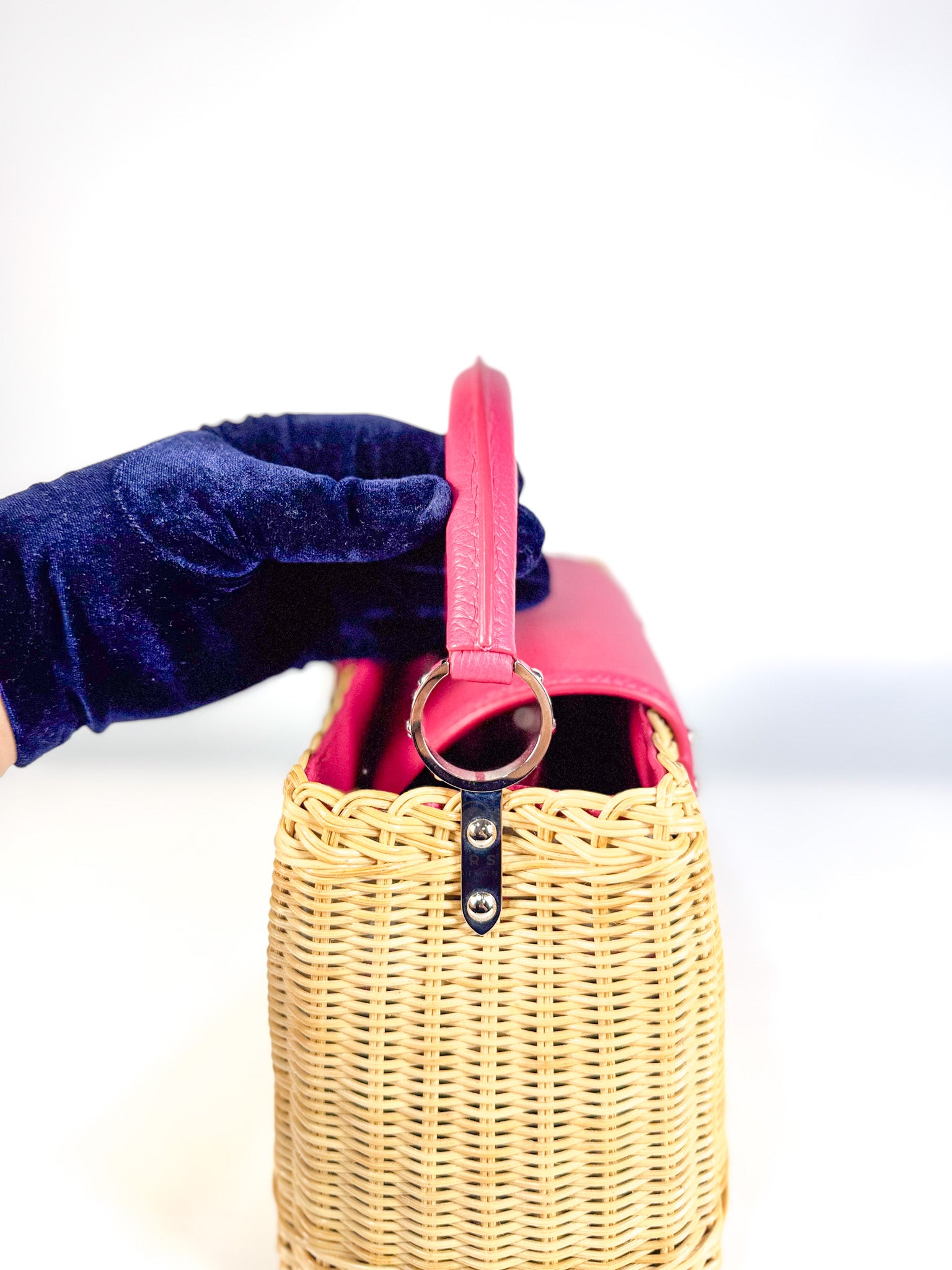 Capucines BB in Wicker Canvas and Pink Taurillon Calfskin Leather (Microchip) | Purse Maison Luxury Bags Shop