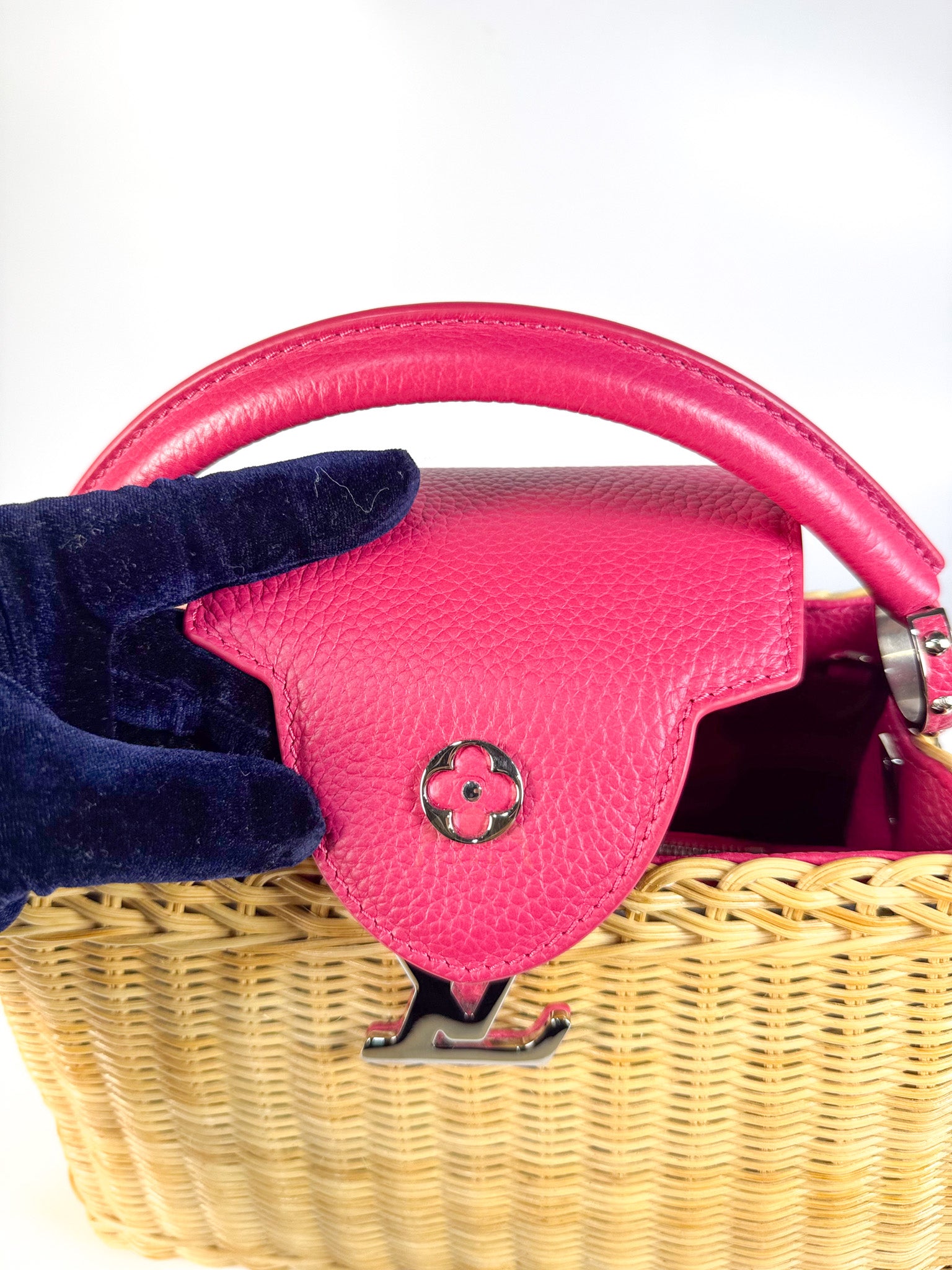 Capucines BB in Wicker Canvas and Pink Taurillon Calfskin Leather (Microchip) | Purse Maison Luxury Bags Shop
