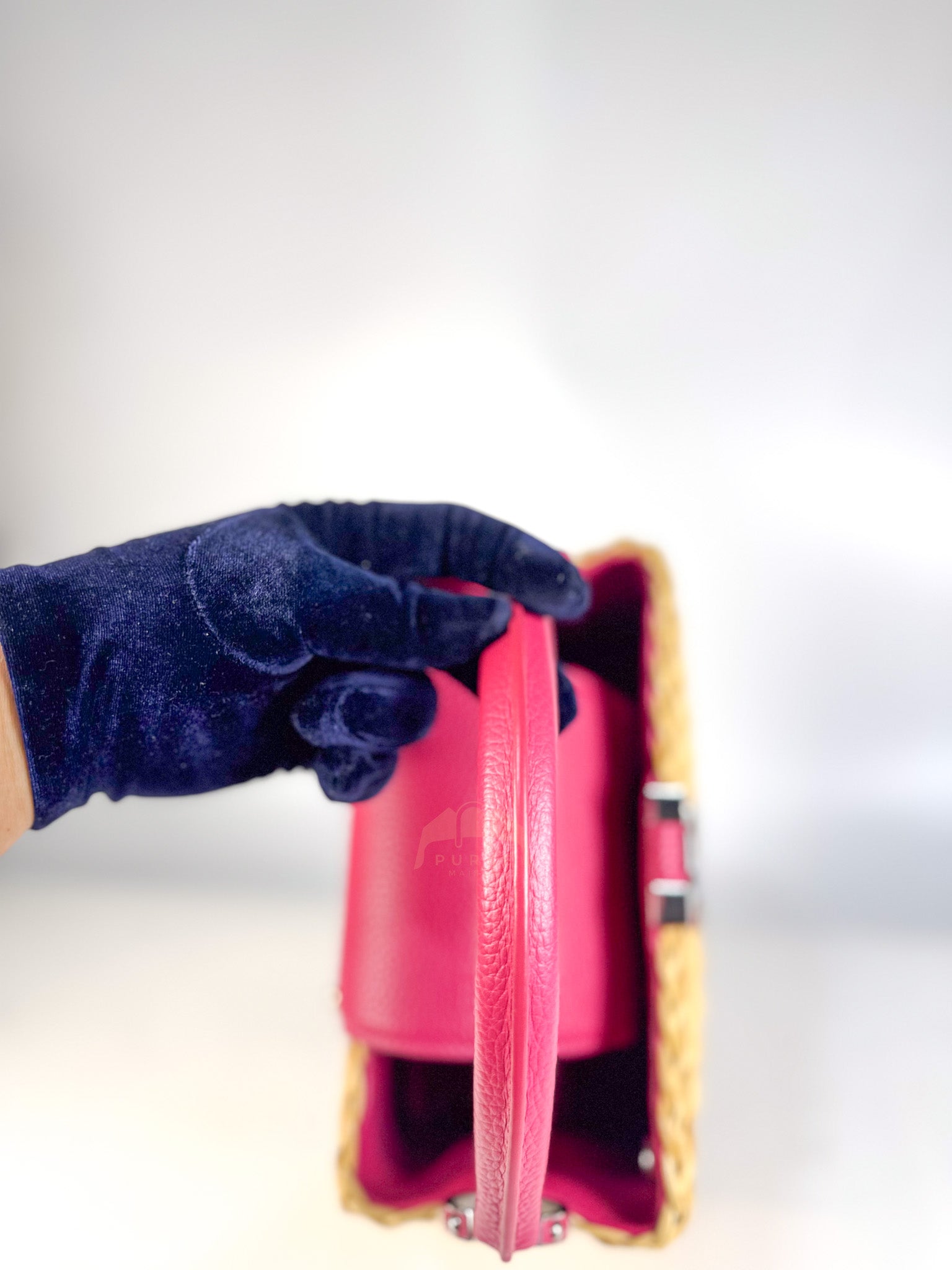 Capucines BB in Wicker Canvas and Pink Taurillon Calfskin Leather (Microchip) | Purse Maison Luxury Bags Shop