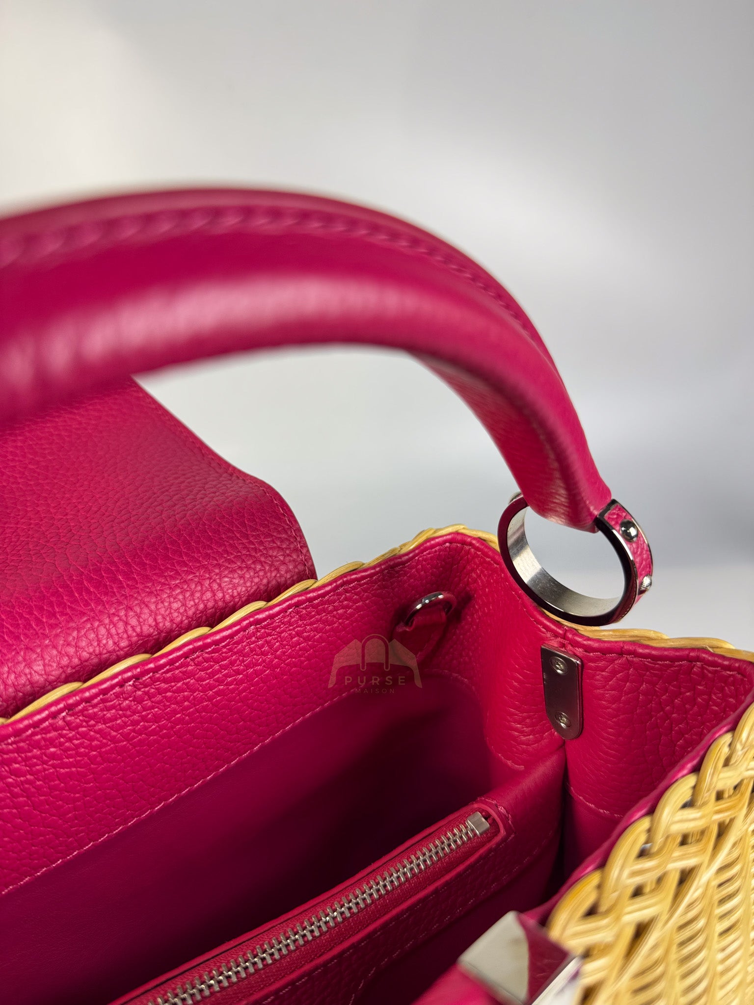 Capucines BB in Wicker Canvas and Pink Taurillon Calfskin Leather (Microchip) | Purse Maison Luxury Bags Shop