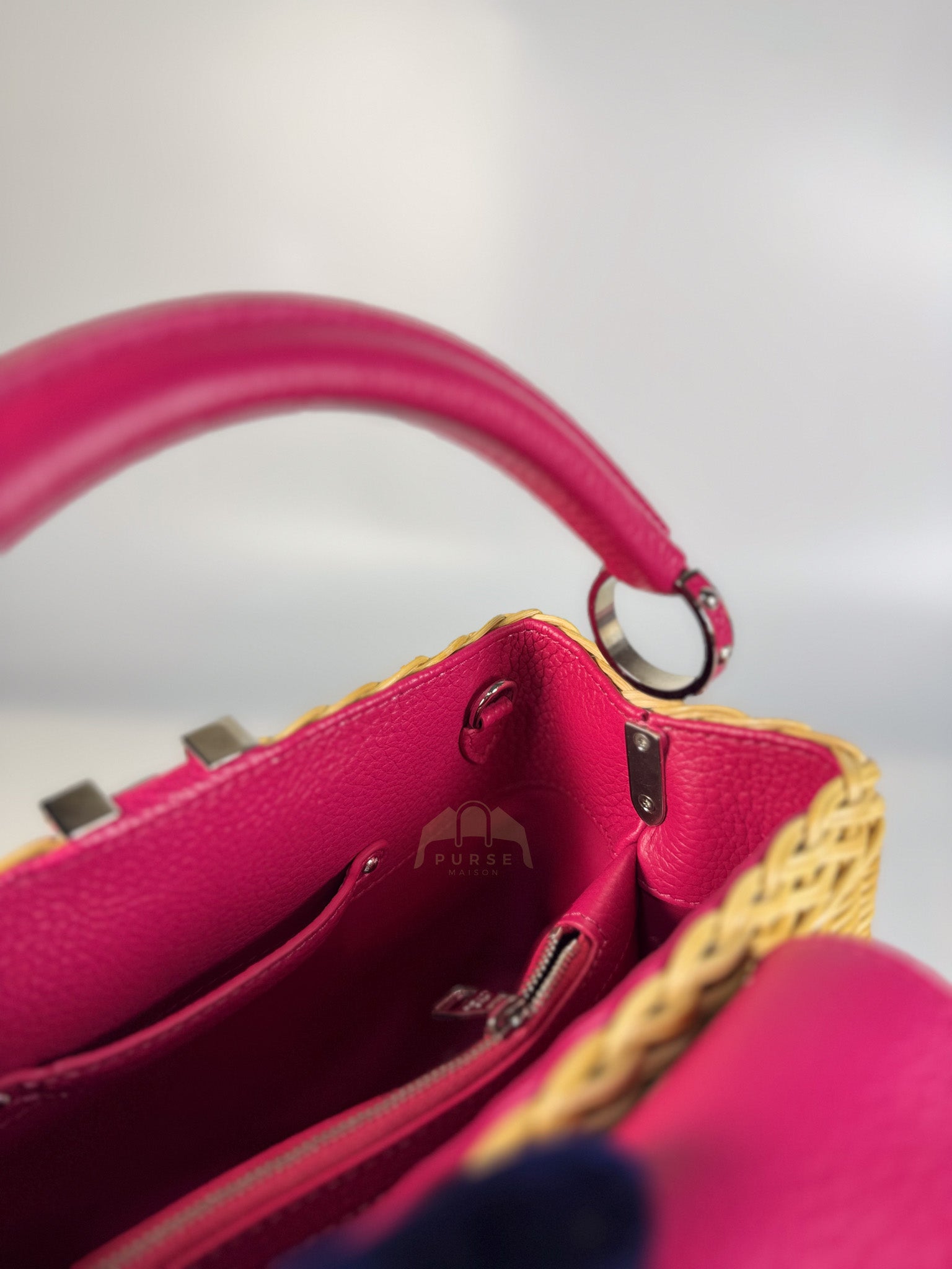 Capucines BB in Wicker Canvas and Pink Taurillon Calfskin Leather (Microchip) | Purse Maison Luxury Bags Shop