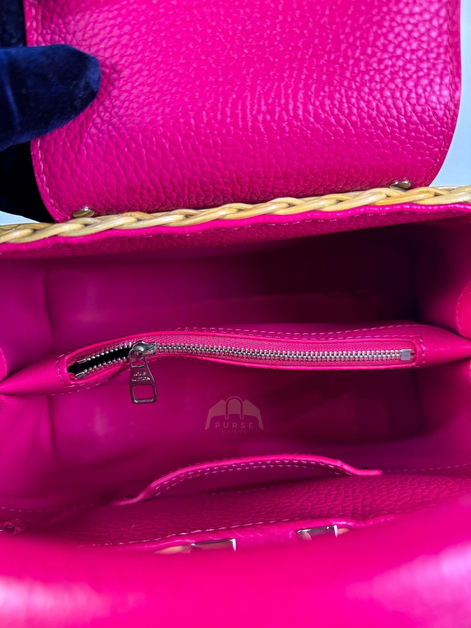 Capucines BB in Wicker Canvas and Pink Taurillon Calfskin Leather (Microchip) | Purse Maison Luxury Bags Shop