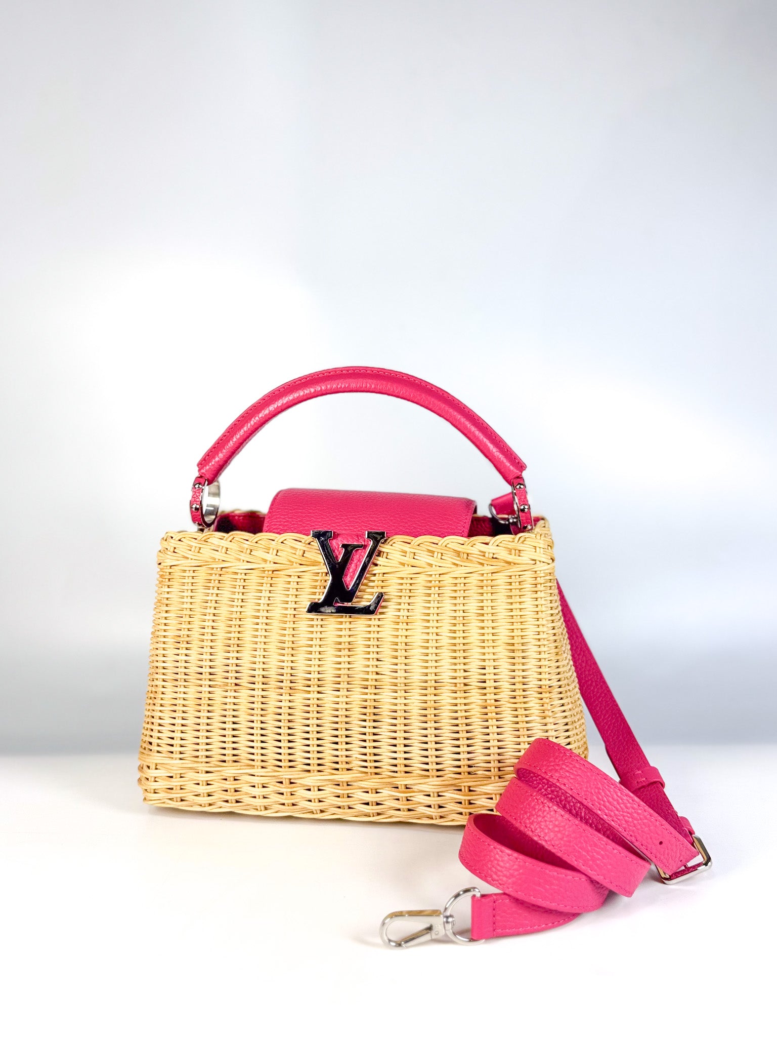 Capucines BB in Wicker Canvas and Pink Taurillon Calfskin Leather (Microchip) | Purse Maison Luxury Bags Shop