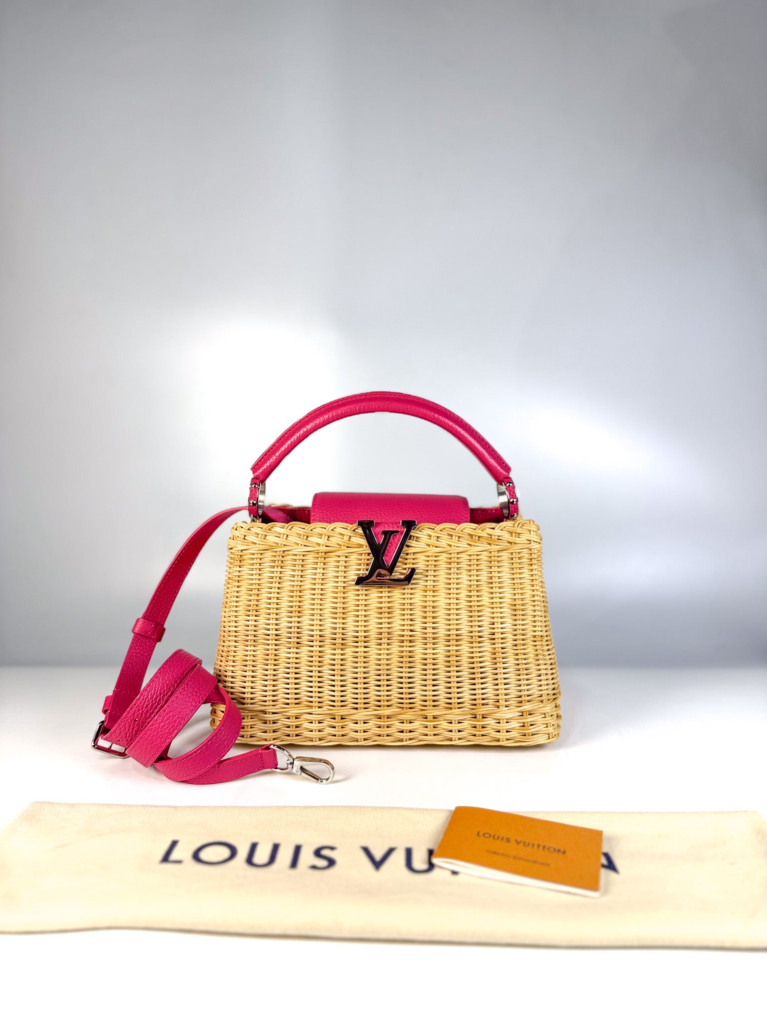 Capucines BB in Wicker Canvas and Pink Taurillon Calfskin Leather (Microchip) | Purse Maison Luxury Bags Shop