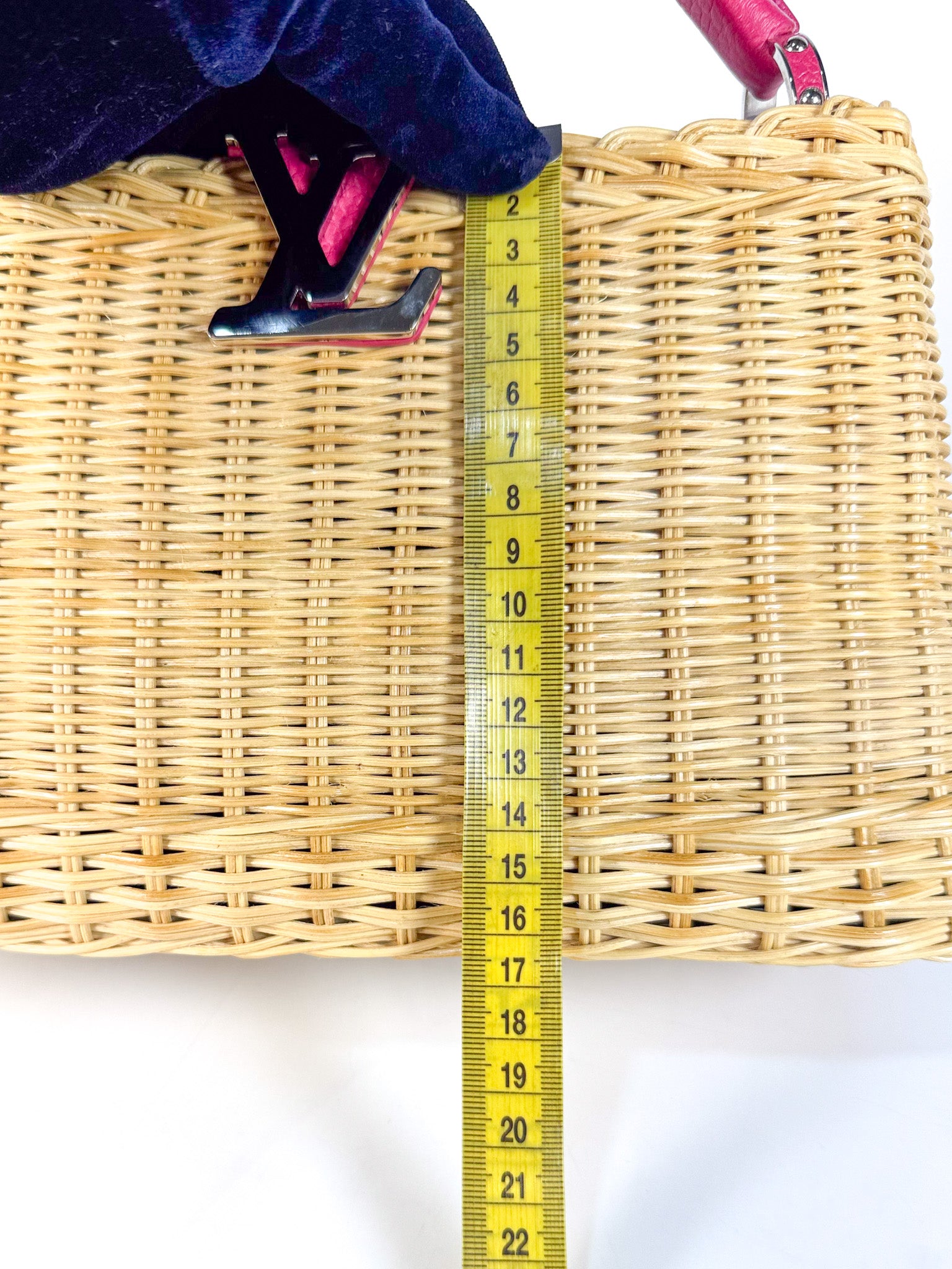 Capucines BB in Wicker Canvas and Pink Taurillon Calfskin Leather (Microchip) | Purse Maison Luxury Bags Shop