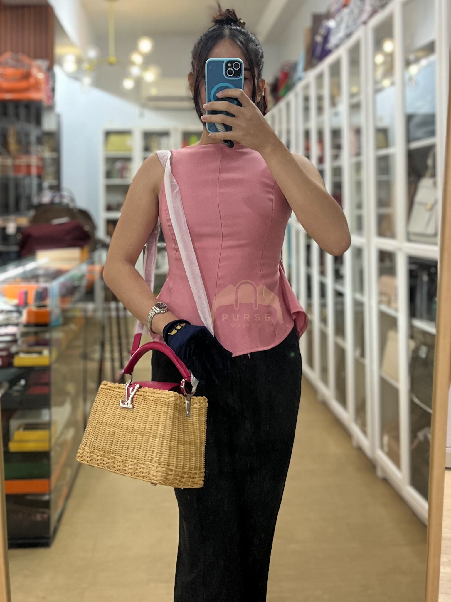 Capucines BB in Wicker Canvas and Pink Taurillon Calfskin Leather (Microchip) | Purse Maison Luxury Bags Shop