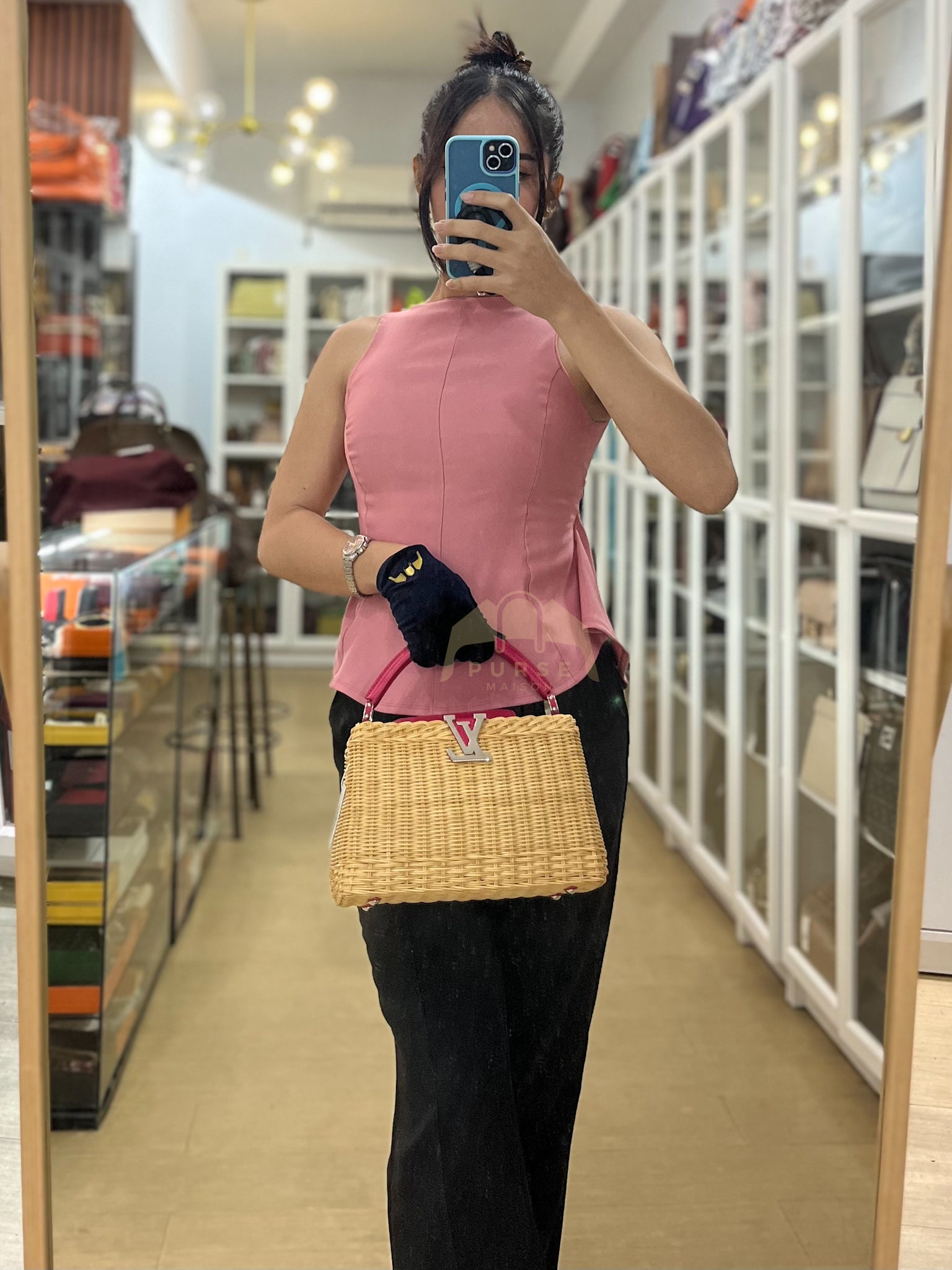 Capucines BB in Wicker Canvas and Pink Taurillon Calfskin Leather (Microchip) | Purse Maison Luxury Bags Shop