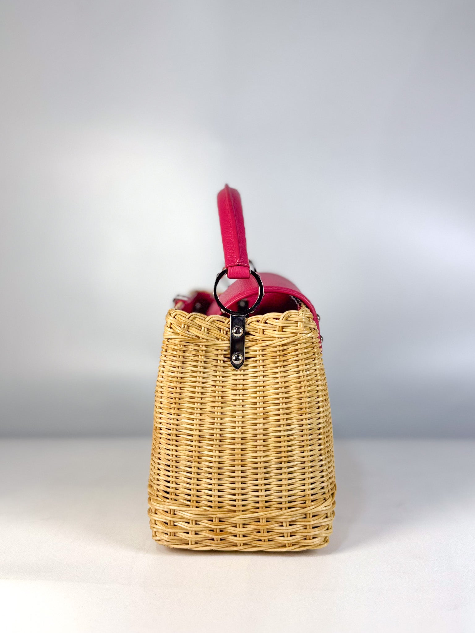 Capucines BB in Wicker Canvas and Pink Taurillon Calfskin Leather (Microchip) | Purse Maison Luxury Bags Shop