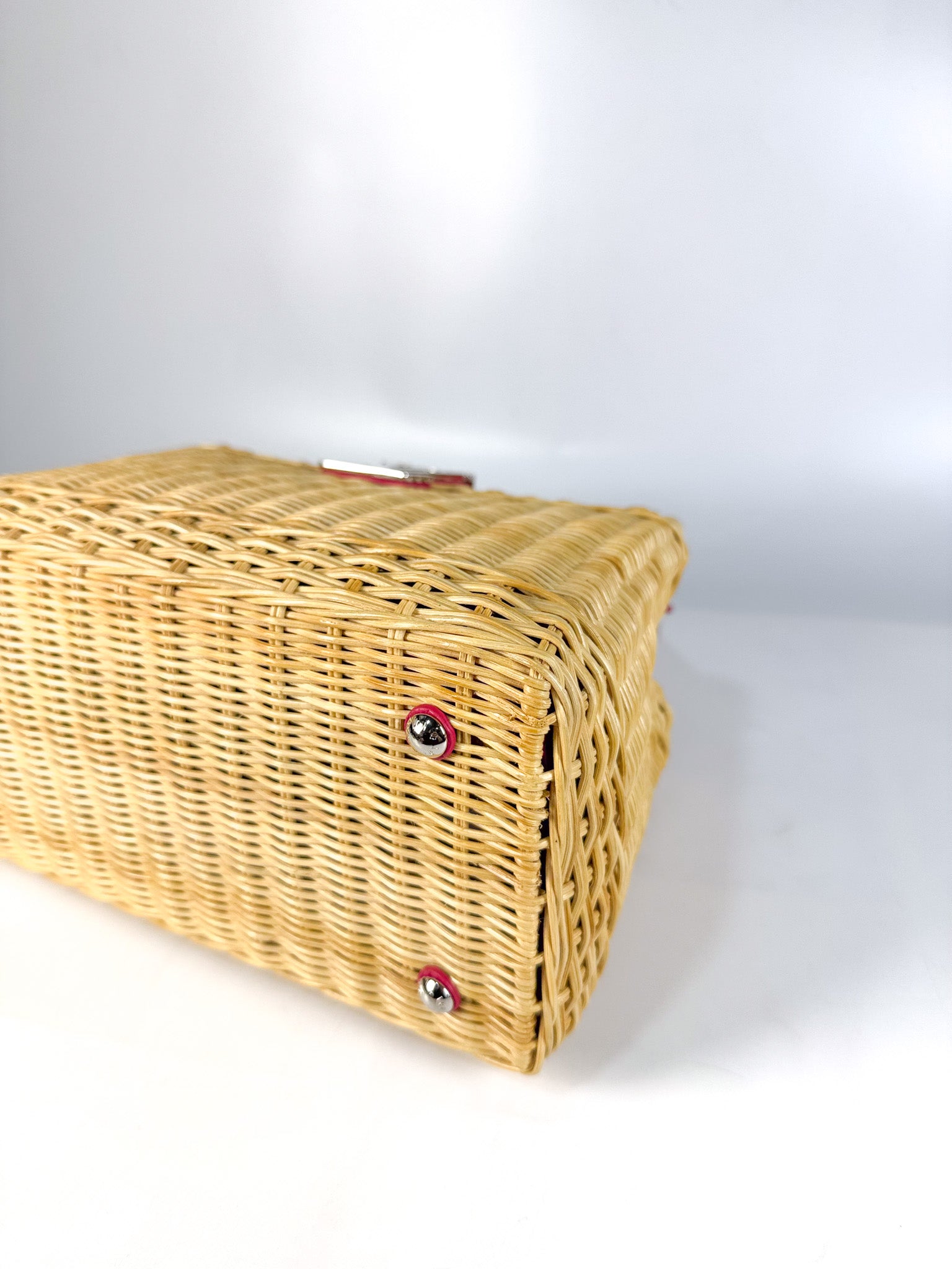 Capucines BB in Wicker Canvas and Pink Taurillon Calfskin Leather (Microchip) | Purse Maison Luxury Bags Shop