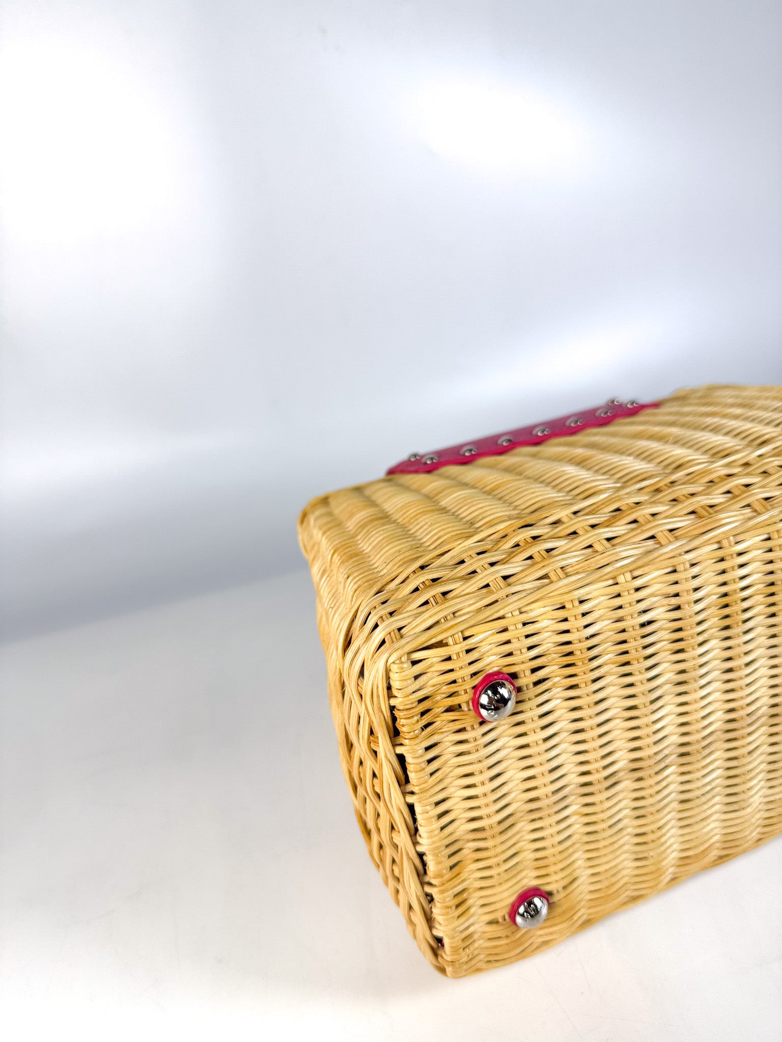 Capucines BB in Wicker Canvas and Pink Taurillon Calfskin Leather (Microchip) | Purse Maison Luxury Bags Shop