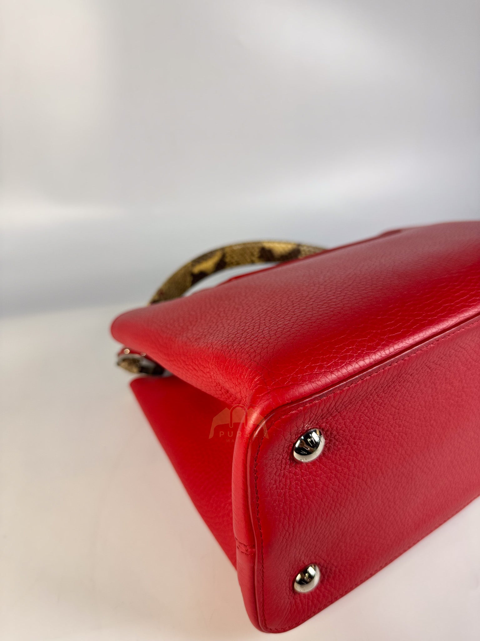 Capucines GM Red Python Handle Taurillon Clemence Leather Handbag (Date Code: MI1185) | Purse Maison Luxury Bags Shop