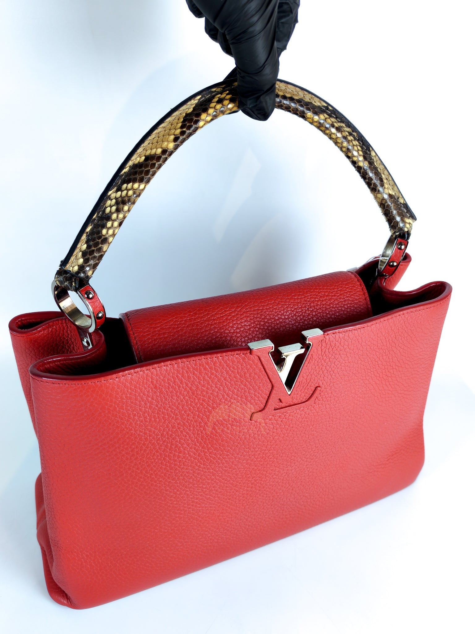 Capucines GM Red Python Handle Taurillon Clemence Leather Handbag (Date Code: MI1185) | Purse Maison Luxury Bags Shop