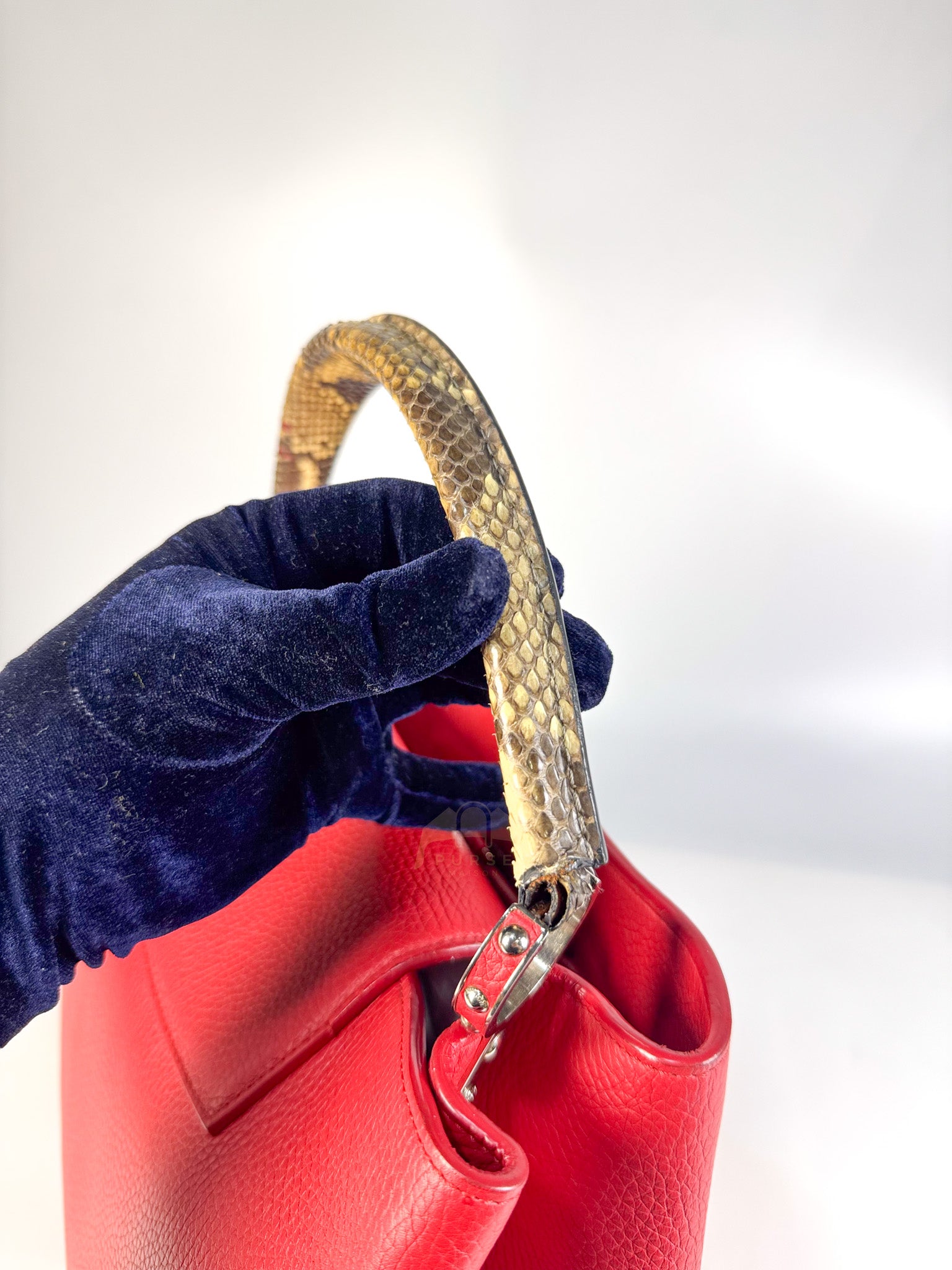 Capucines GM Red Python Handle Taurillon Clemence Leather Handbag (Date Code: MI1185) | Purse Maison Luxury Bags Shop