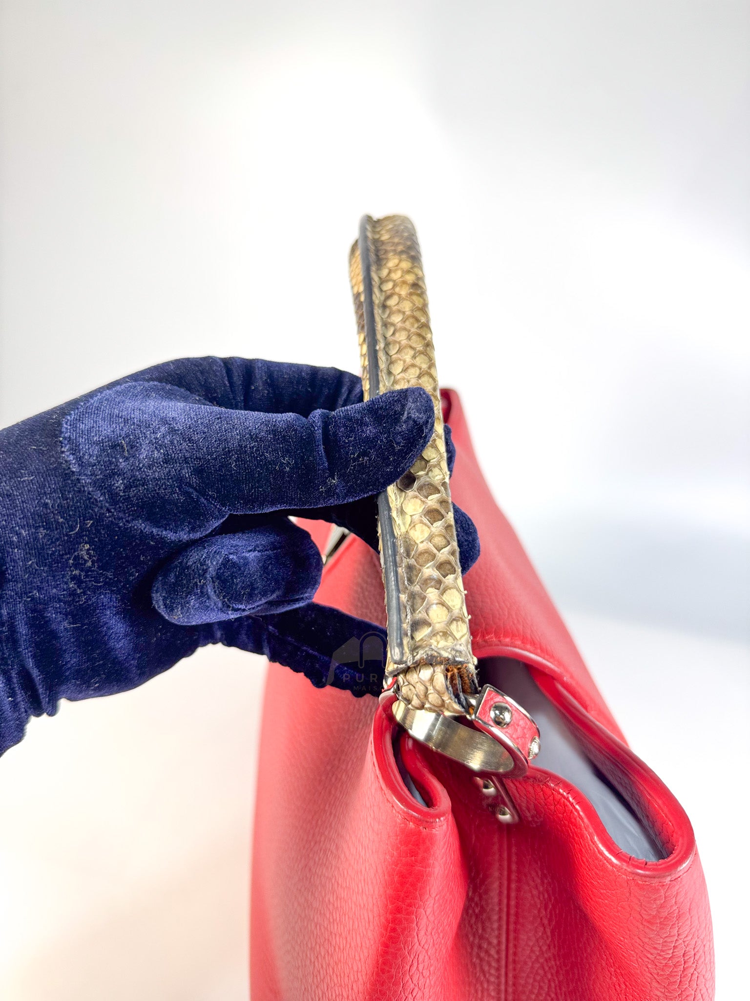 Capucines GM Red Python Handle Taurillon Clemence Leather Handbag (Date Code: MI1185) | Purse Maison Luxury Bags Shop