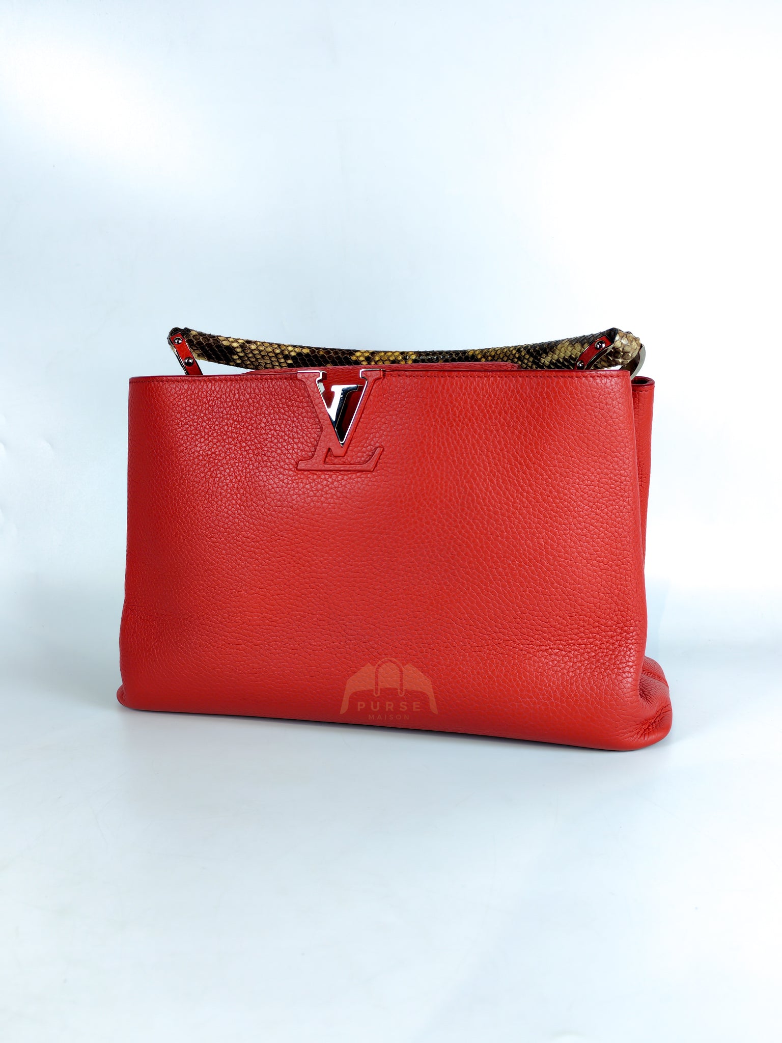 Capucines GM Red Python Handle Taurillon Clemence Leather Handbag (Date Code: MI1185) | Purse Maison Luxury Bags Shop
