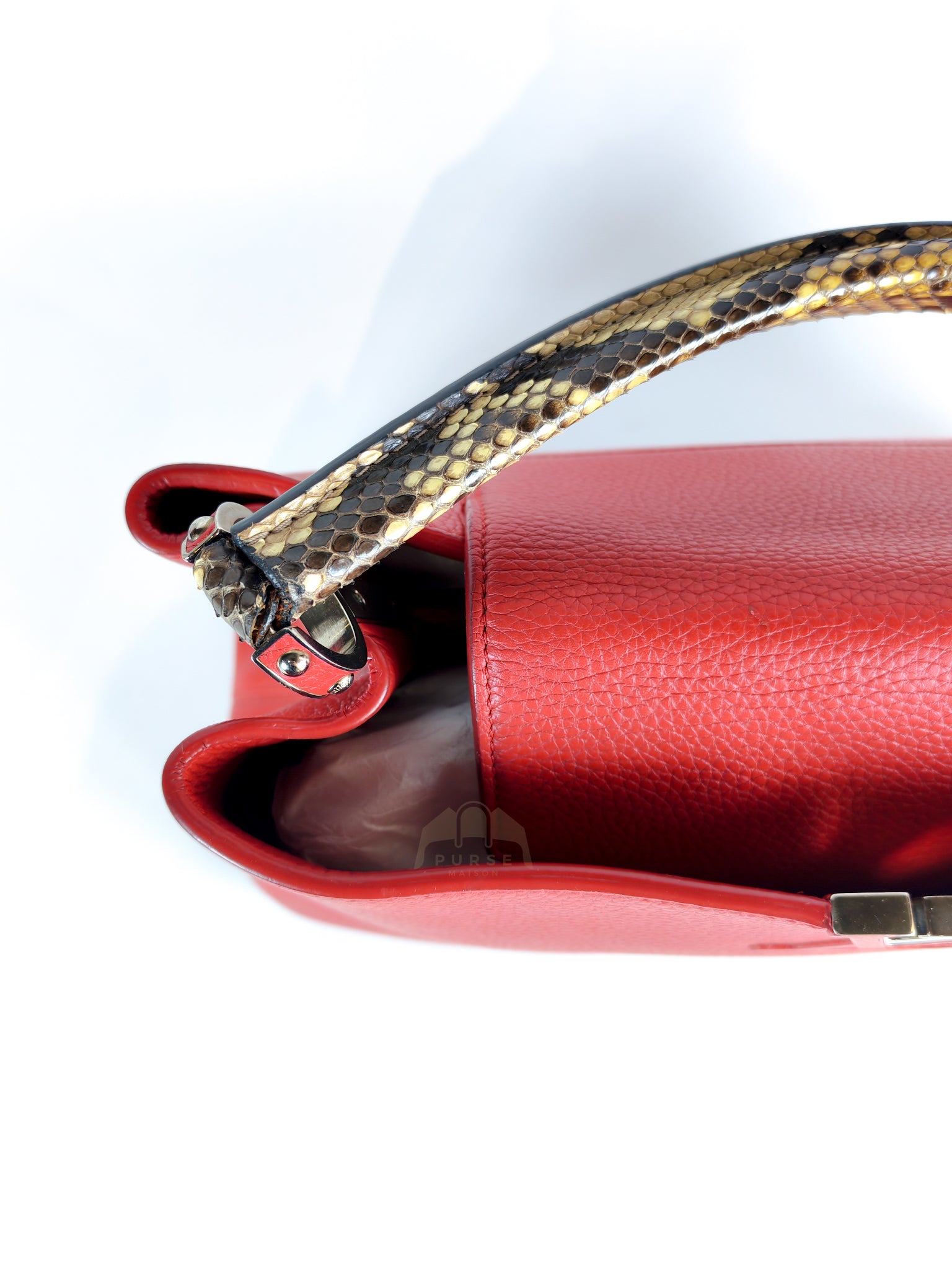 Capucines GM Red Python Handle Taurillon Clemence Leather Handbag (Date Code: MI1185) | Purse Maison Luxury Bags Shop