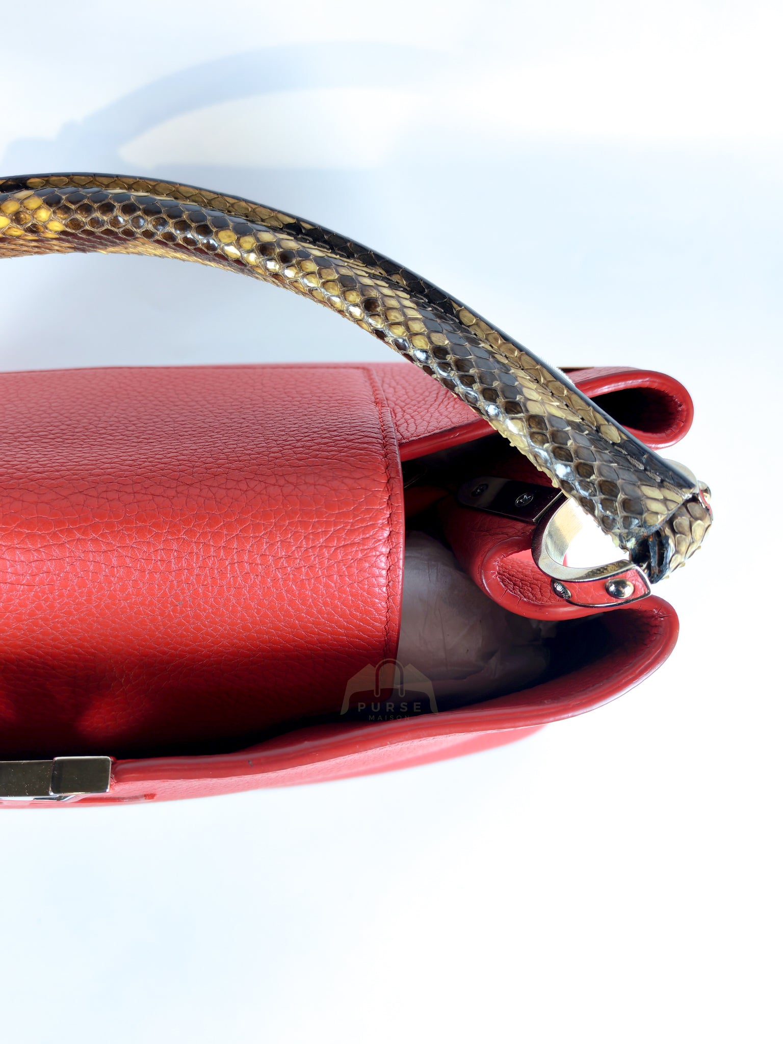 Capucines GM Red Python Handle Taurillon Clemence Leather Handbag (Date Code: MI1185) | Purse Maison Luxury Bags Shop