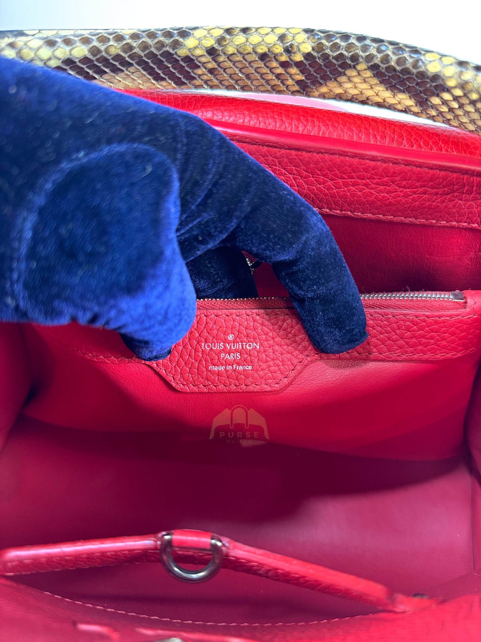 Capucines GM Red Python Handle Taurillon Clemence Leather Handbag (Date Code: MI1185) | Purse Maison Luxury Bags Shop