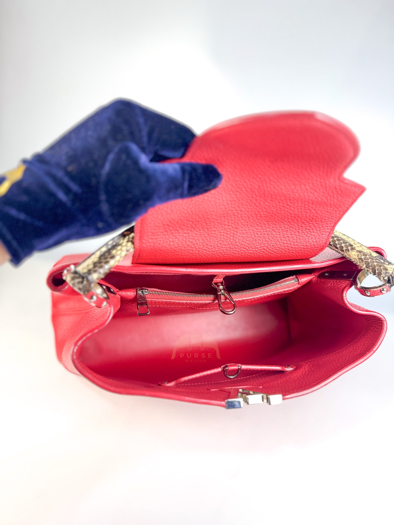 Capucines GM Red Python Handle Taurillon Clemence Leather Handbag (Date Code: MI1185) | Purse Maison Luxury Bags Shop