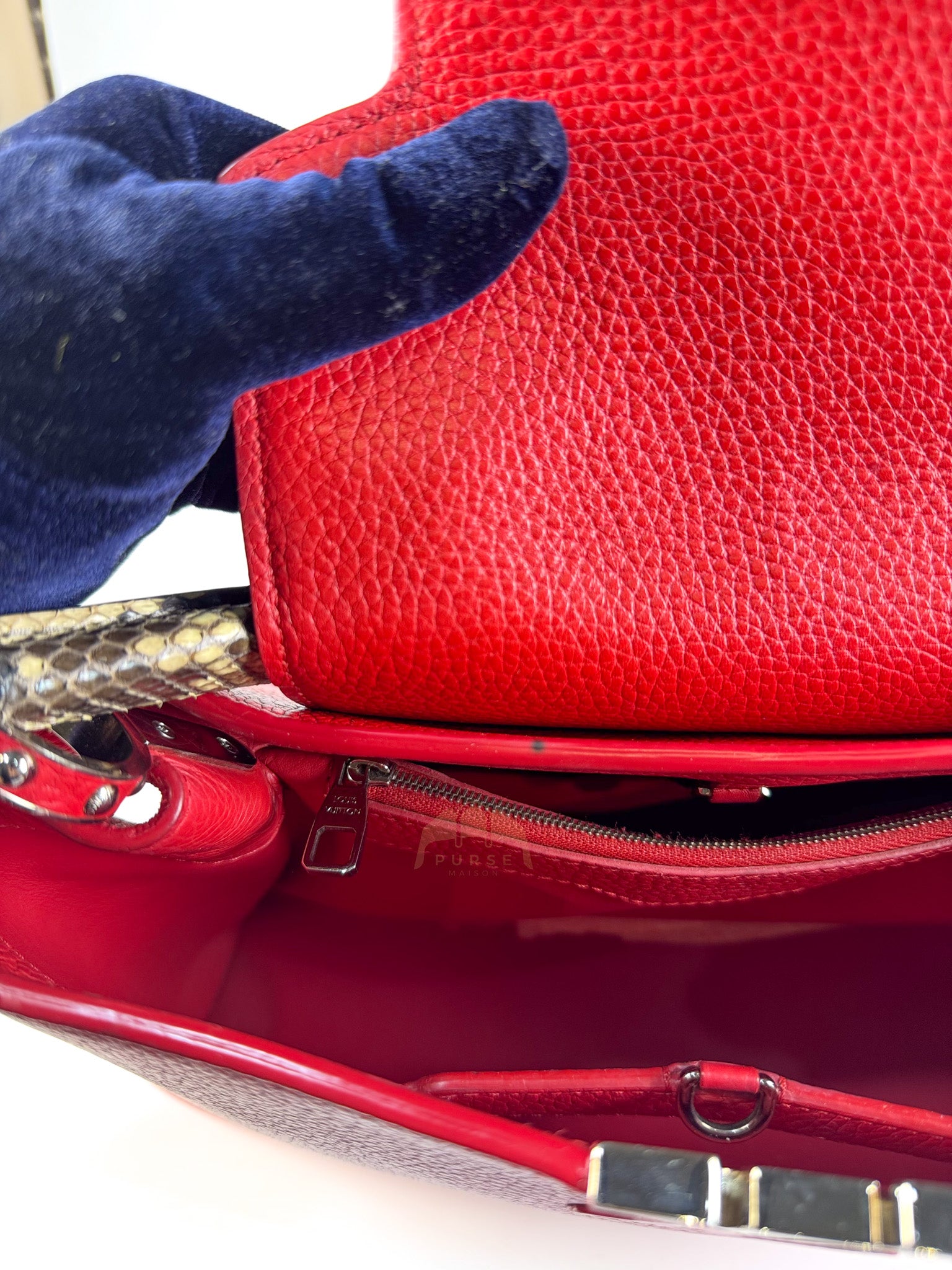 Capucines GM Red Python Handle Taurillon Clemence Leather Handbag (Date Code: MI1185) | Purse Maison Luxury Bags Shop