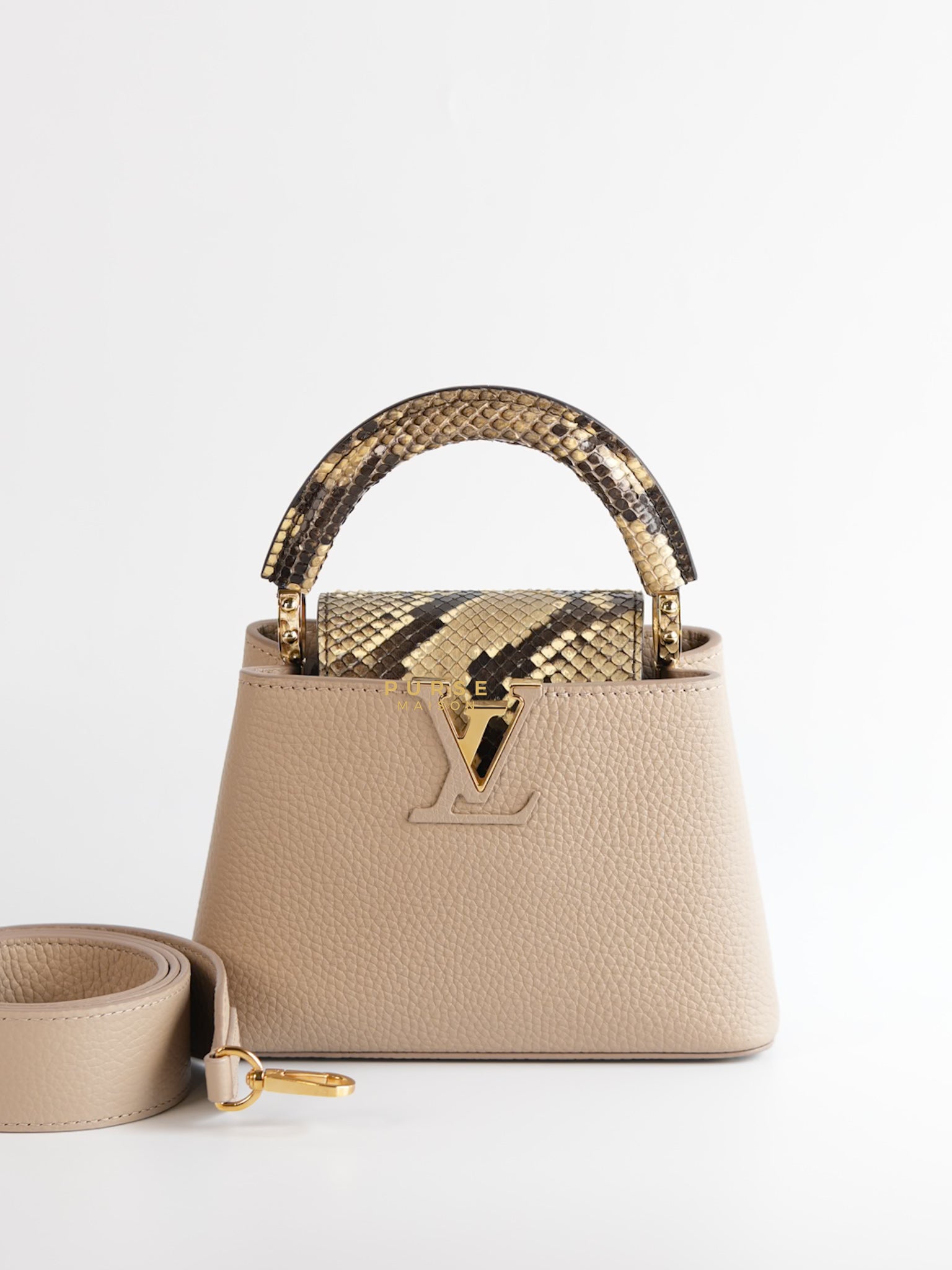 Capucines Mini Beige and Snakeskin Handle Bag (Microchip) | Purse Maison Luxury Bags Shop