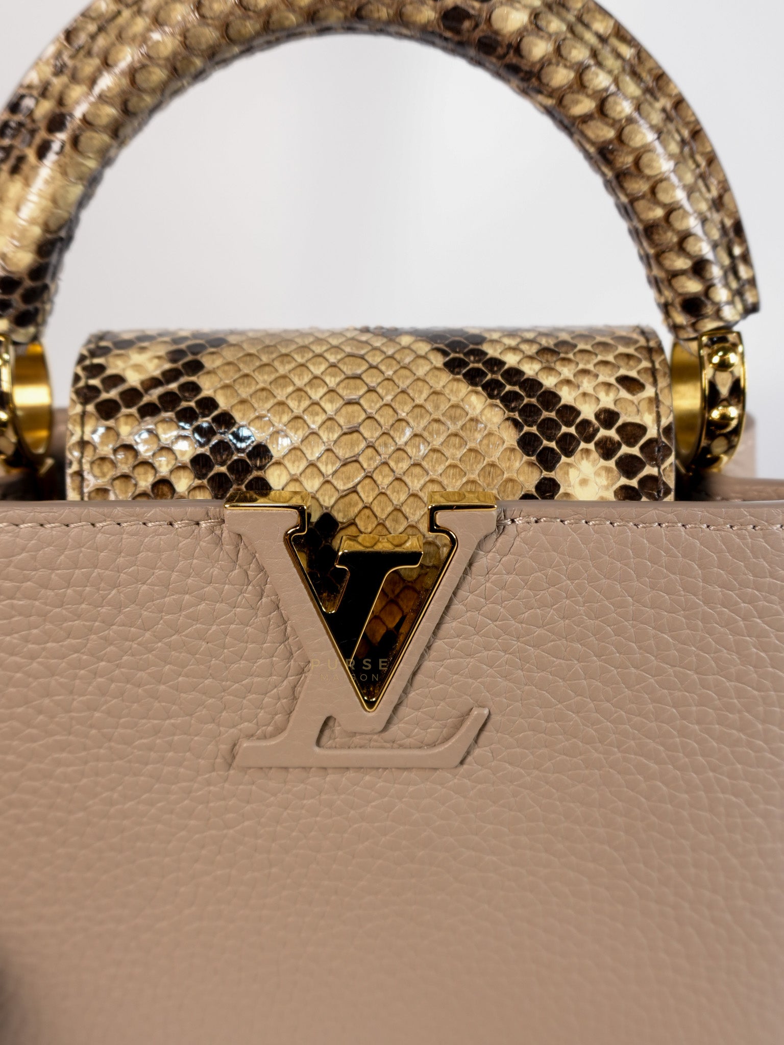Capucines Mini Beige and Snakeskin Handle Bag (Microchip) | Purse Maison Luxury Bags Shop