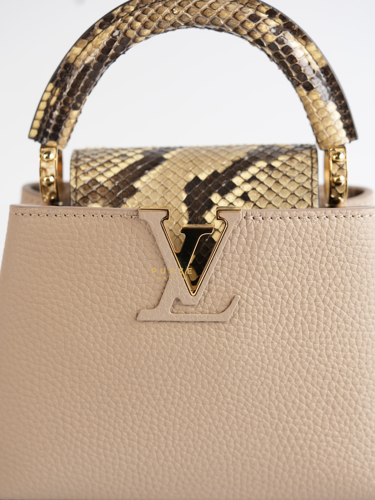 Capucines Mini Beige and Snakeskin Handle Bag (Microchip) | Purse Maison Luxury Bags Shop