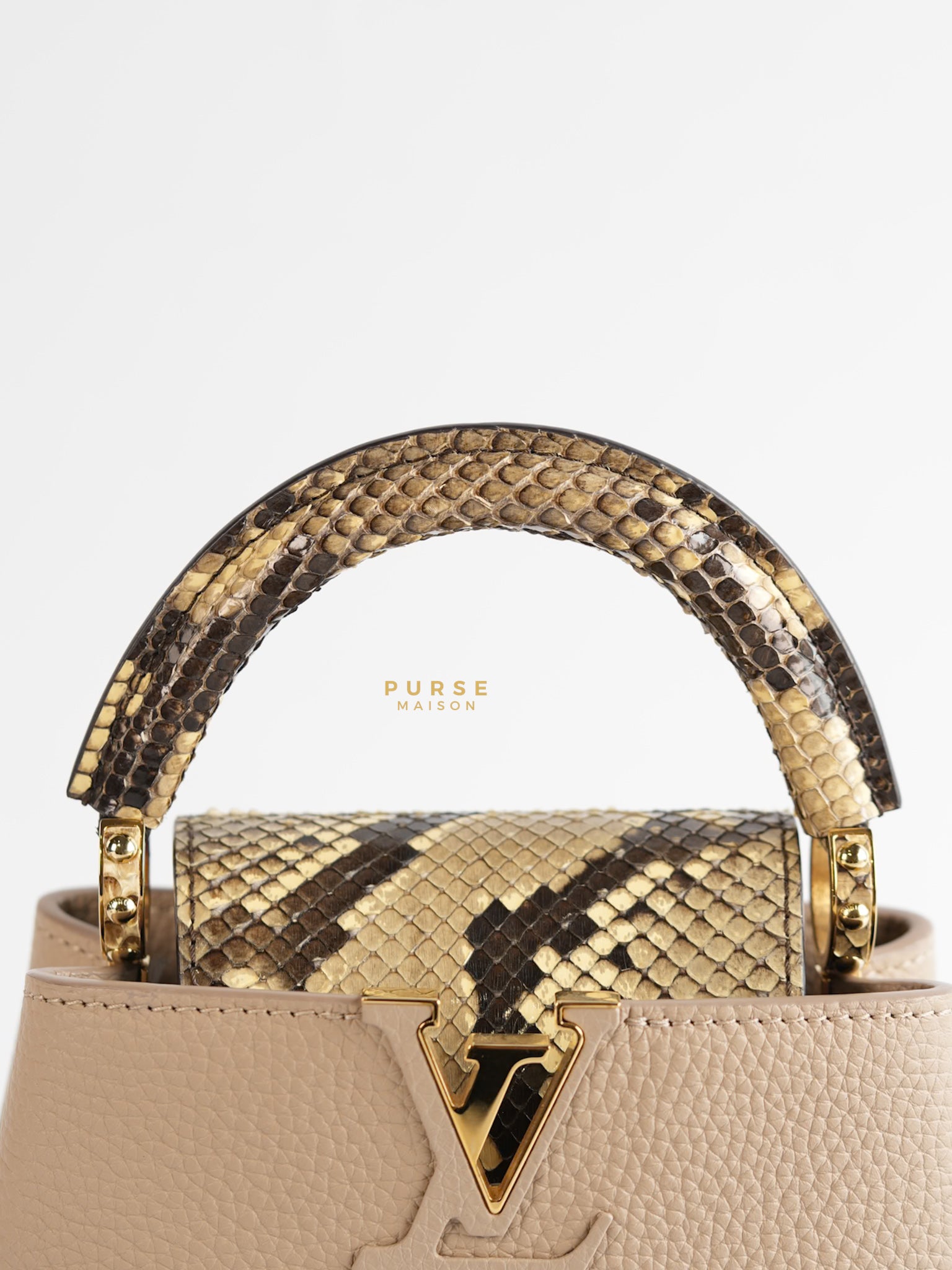 Capucines Mini Beige and Snakeskin Handle Bag (Microchip) | Purse Maison Luxury Bags Shop