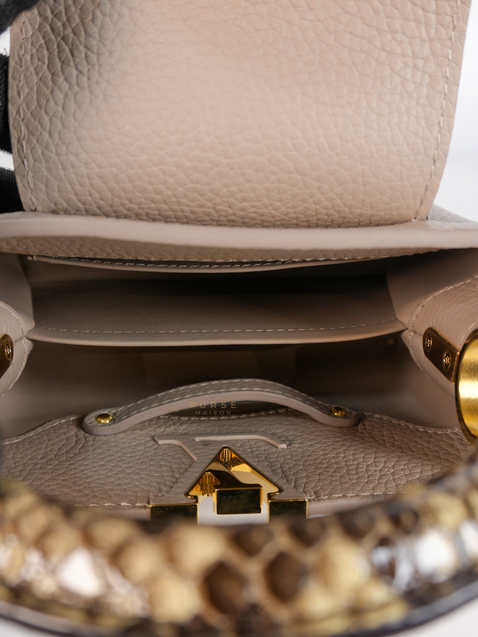 Capucines Mini Beige and Snakeskin Handle Bag (Microchip) | Purse Maison Luxury Bags Shop