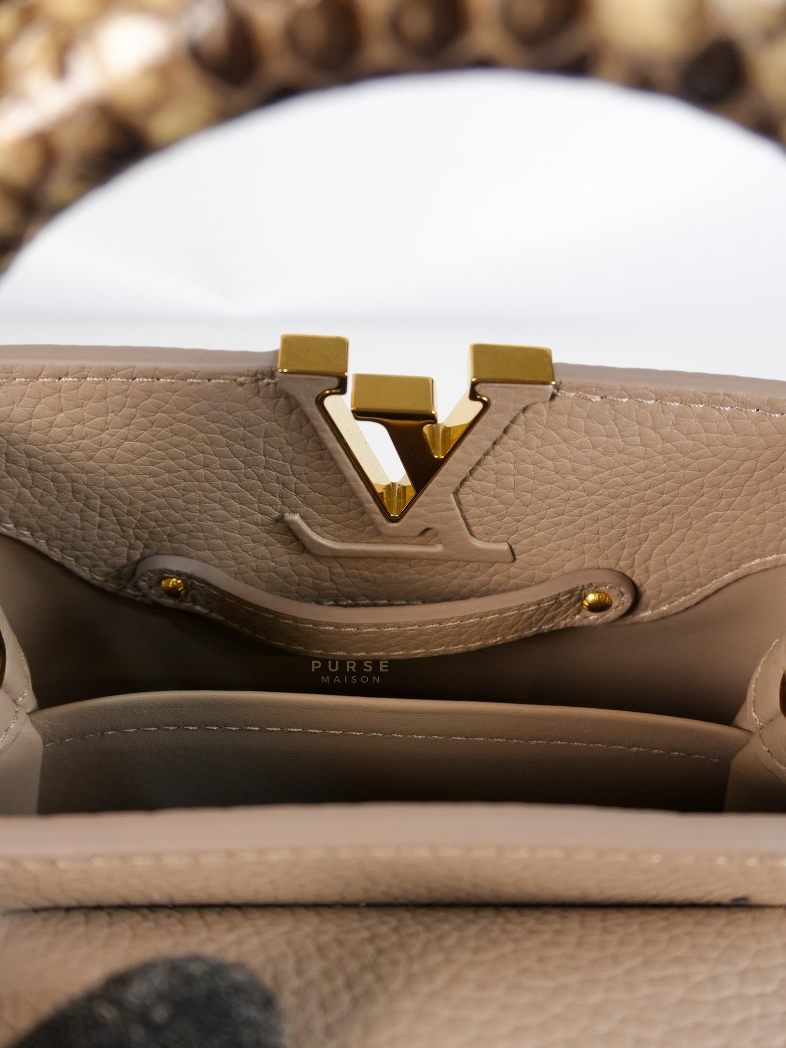 Capucines Mini Beige and Snakeskin Handle Bag (Microchip) | Purse Maison Luxury Bags Shop