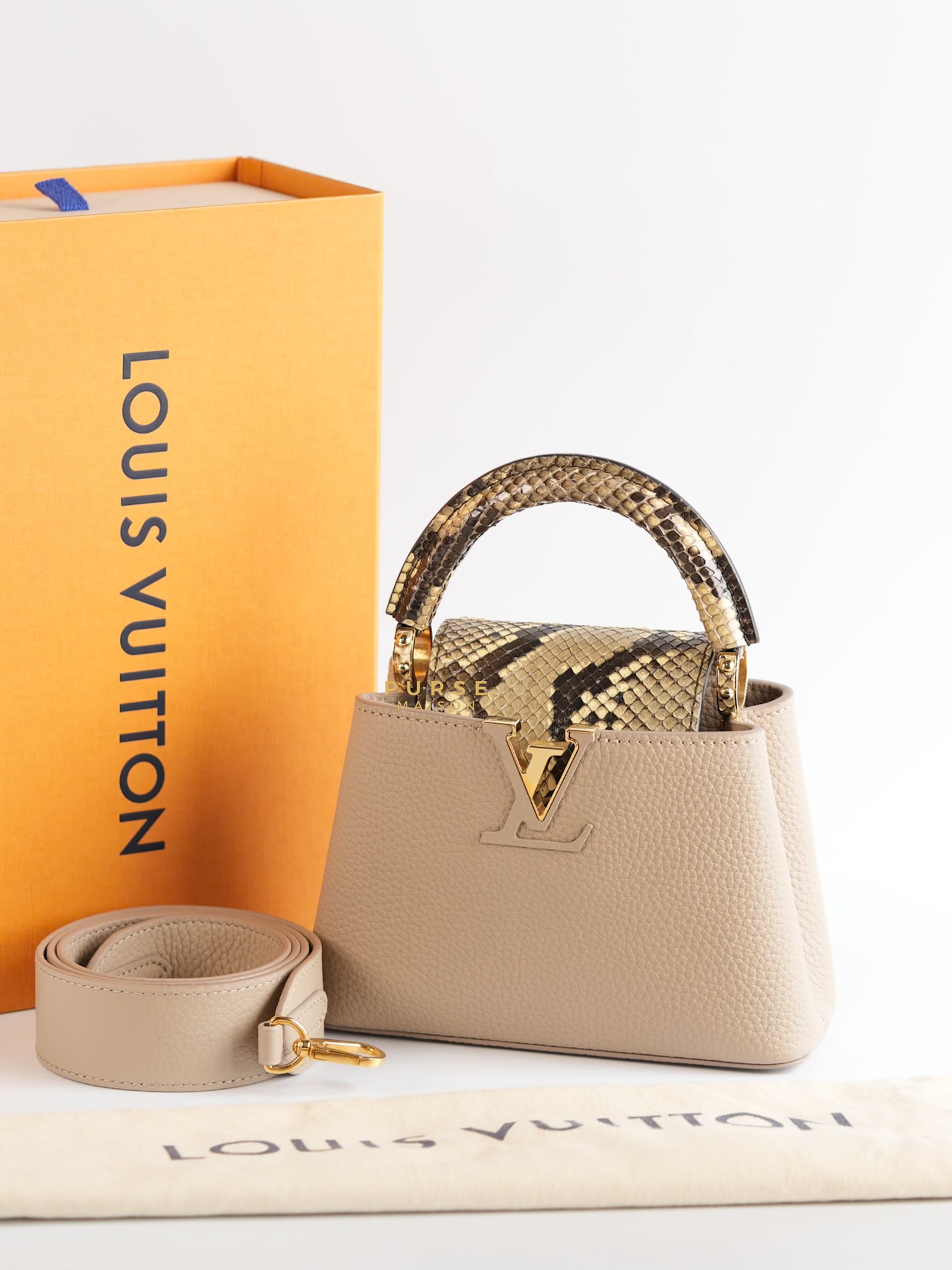 Capucines Mini Beige and Snakeskin Handle Bag (Microchip) | Purse Maison Luxury Bags Shop