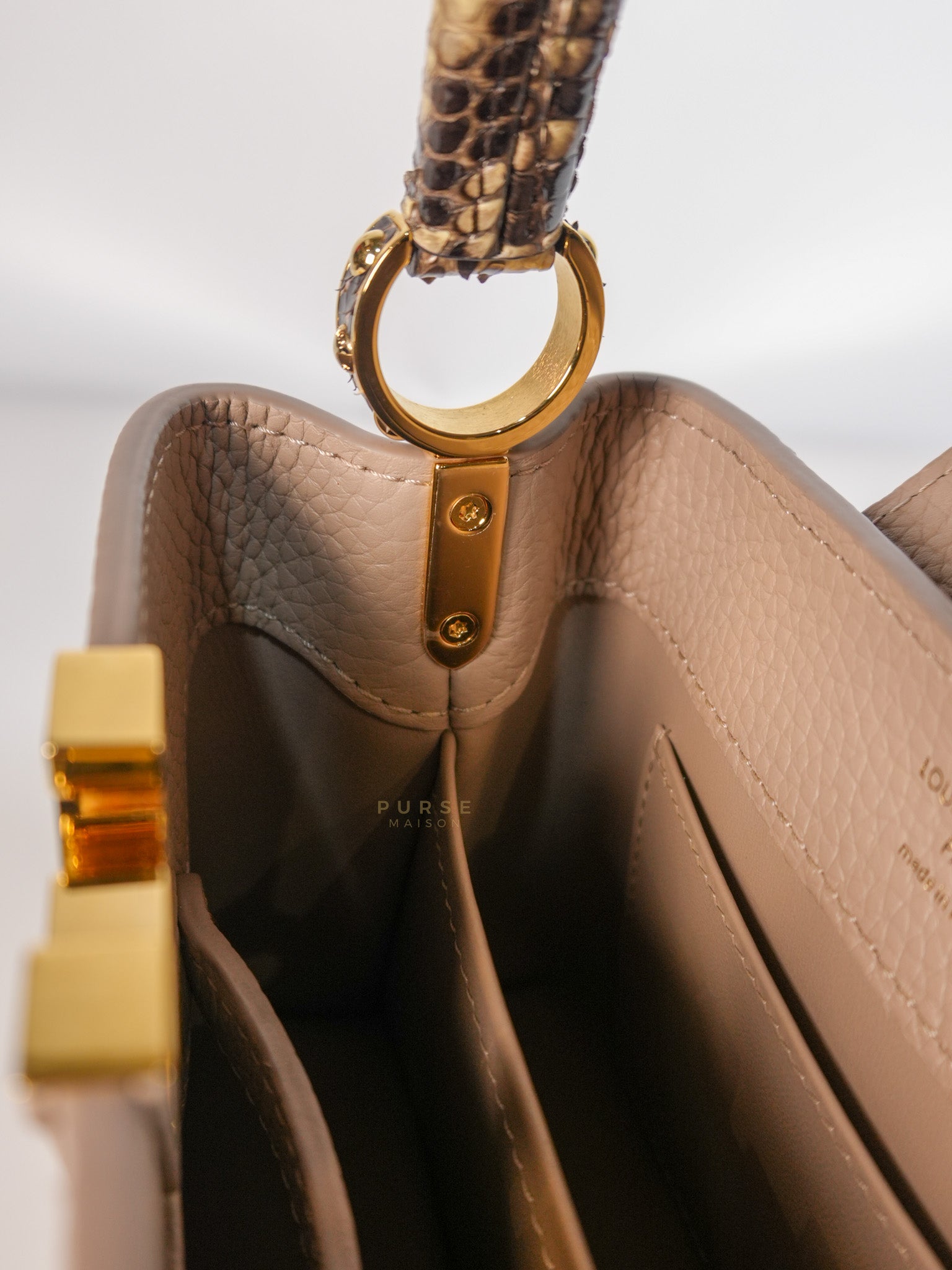 Capucines Mini Beige and Snakeskin Handle Bag (Microchip) | Purse Maison Luxury Bags Shop