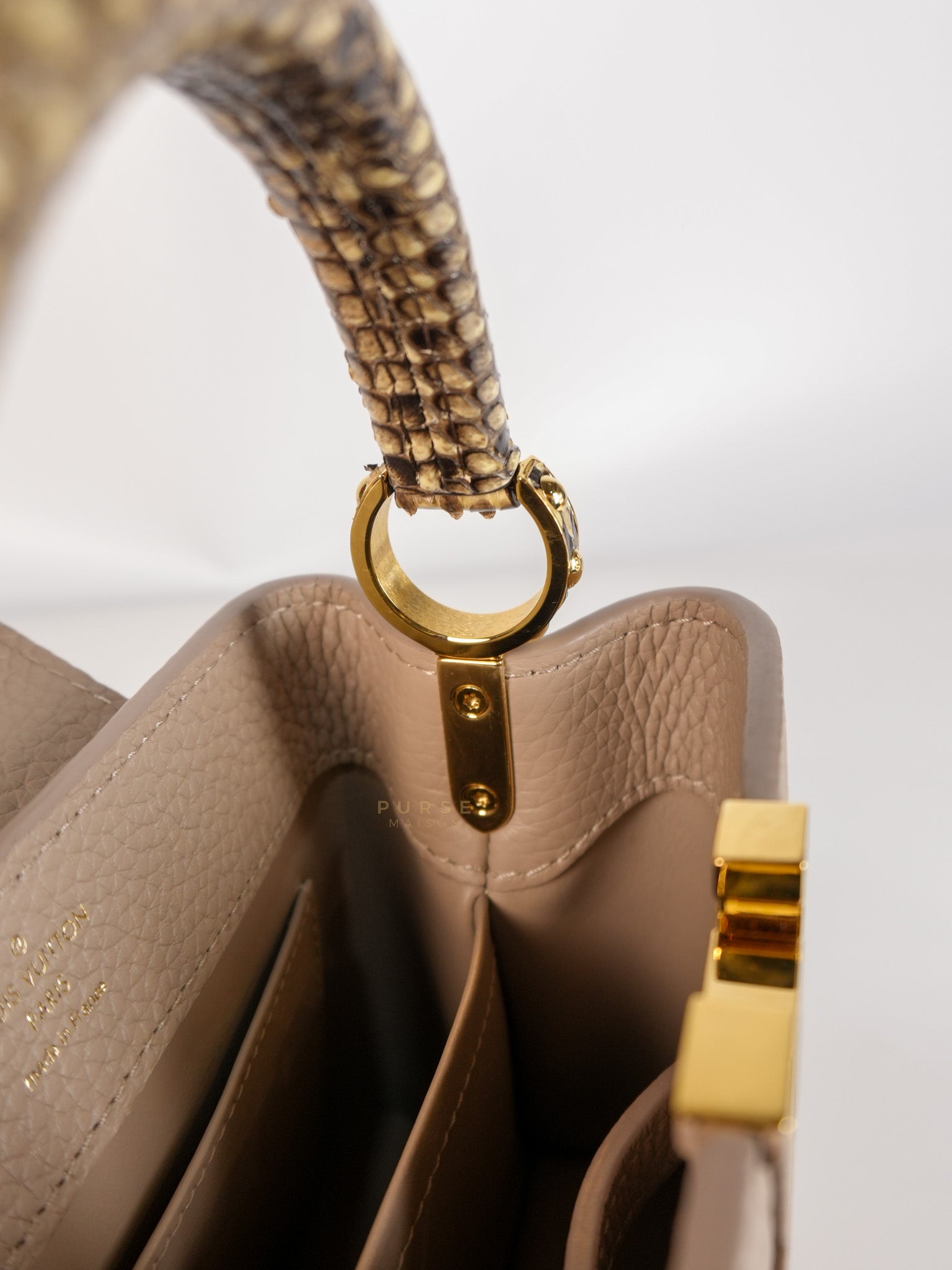 Capucines Mini Beige and Snakeskin Handle Bag (Microchip) | Purse Maison Luxury Bags Shop