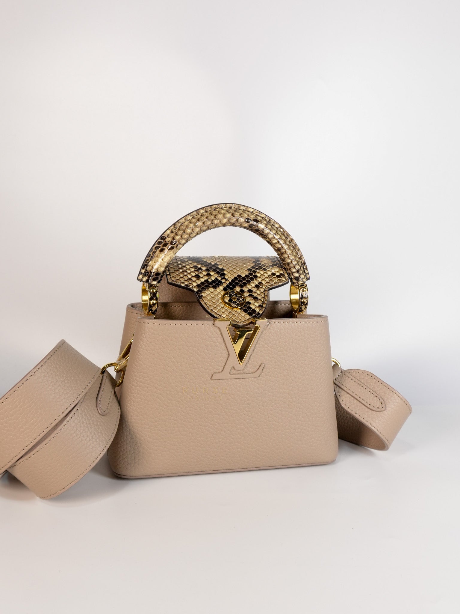 Capucines Mini Beige and Snakeskin Handle Bag (Microchip) | Purse Maison Luxury Bags Shop