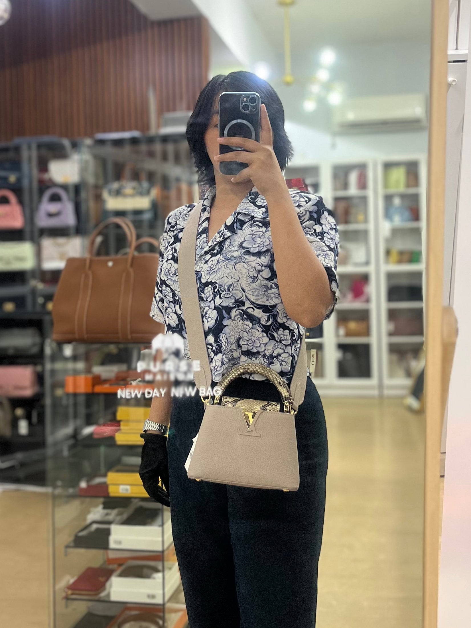 Capucines Mini Beige and Snakeskin Handle Bag (Microchip) | Purse Maison Luxury Bags Shop